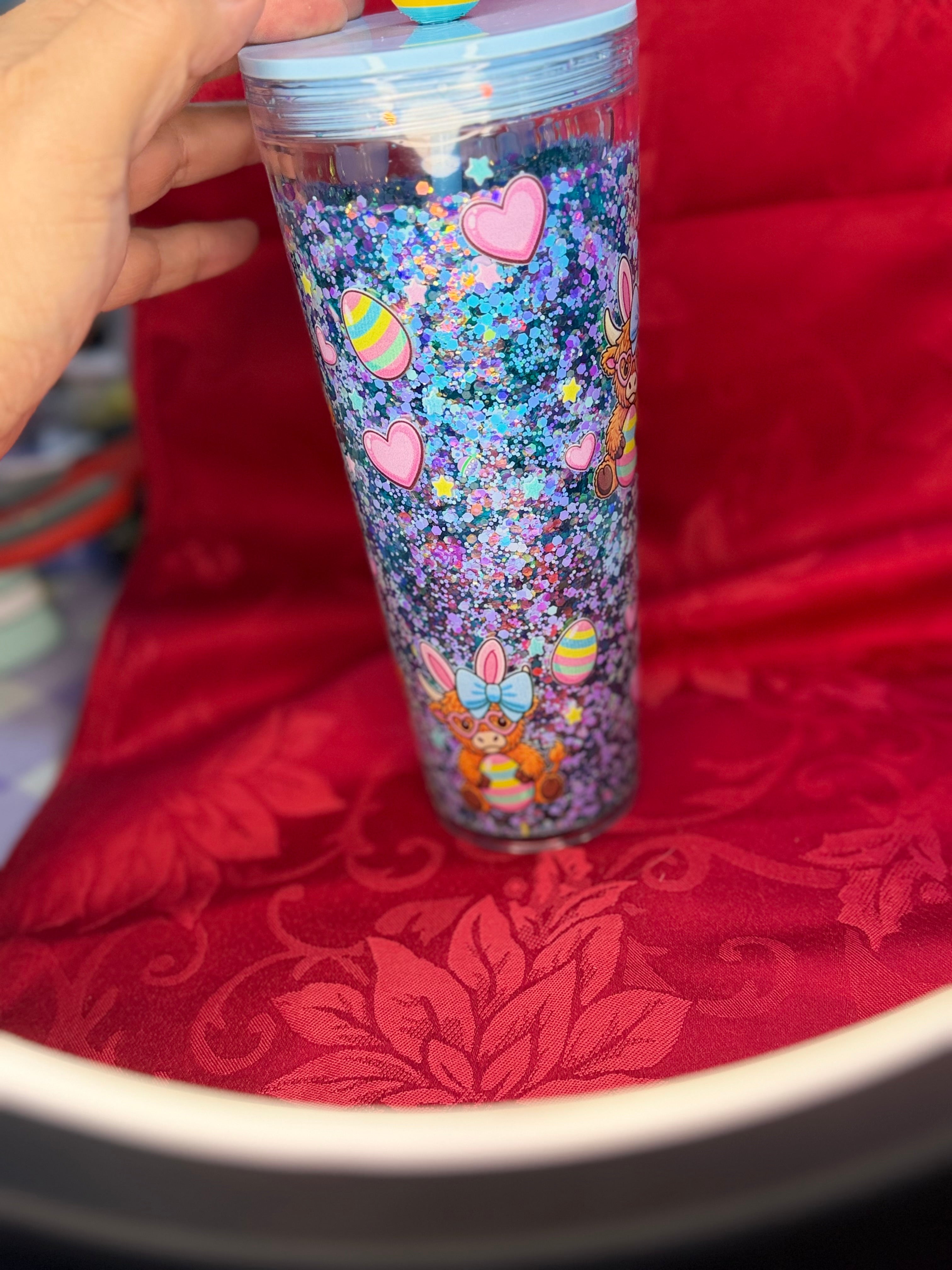 24 oz Easter Cows glitter tumbler with Easter Egg straw topper