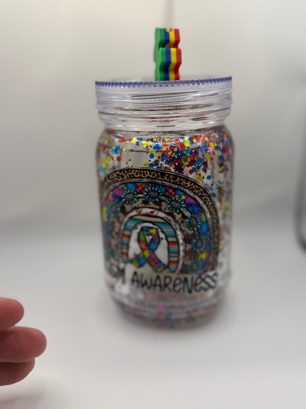 20 oz Autism Awareness Mason jar snow globe with puzzle piece straw topper
