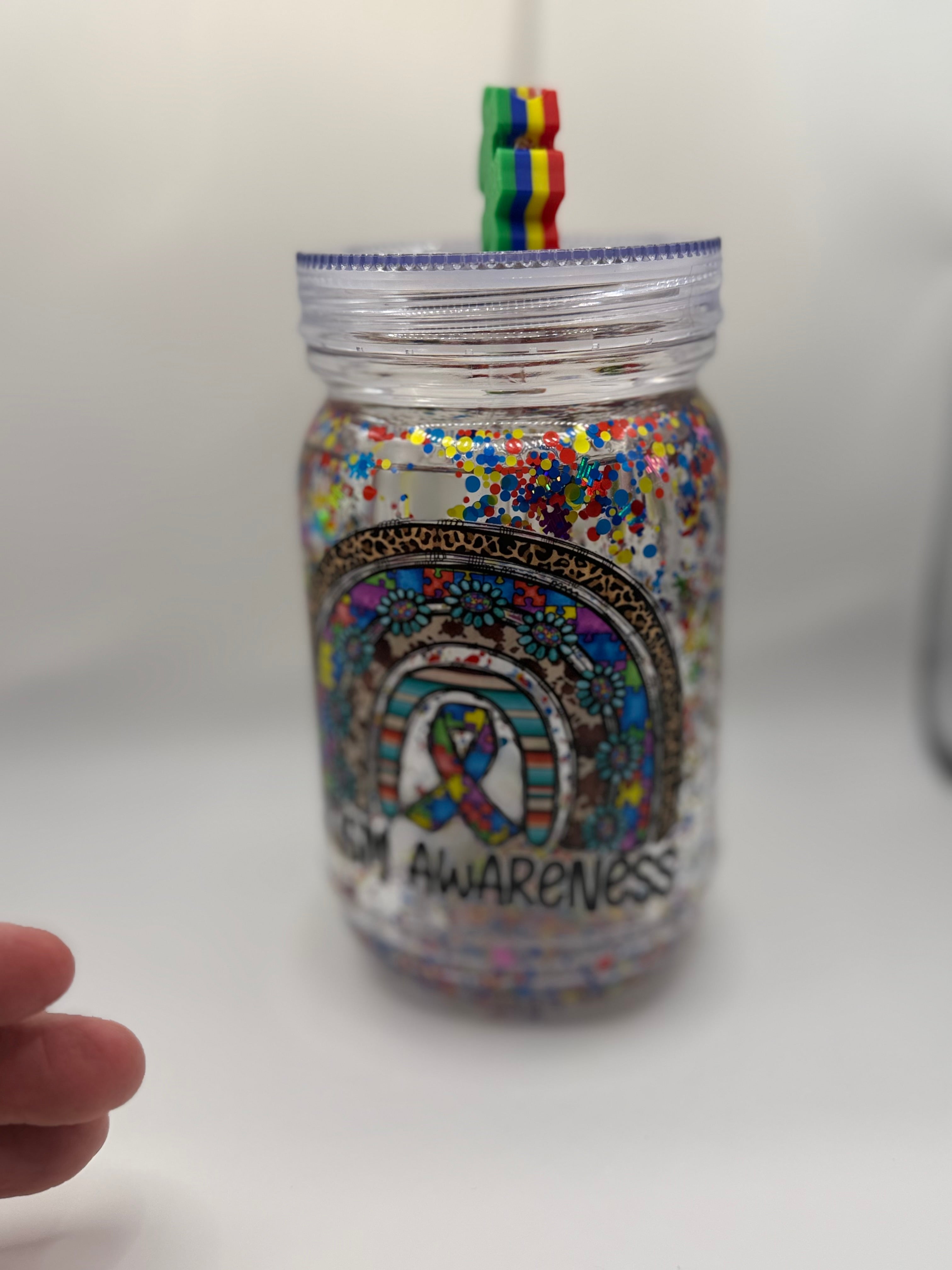 20 oz Autism Awareness Mason jar snow globe with puzzle piece straw topper