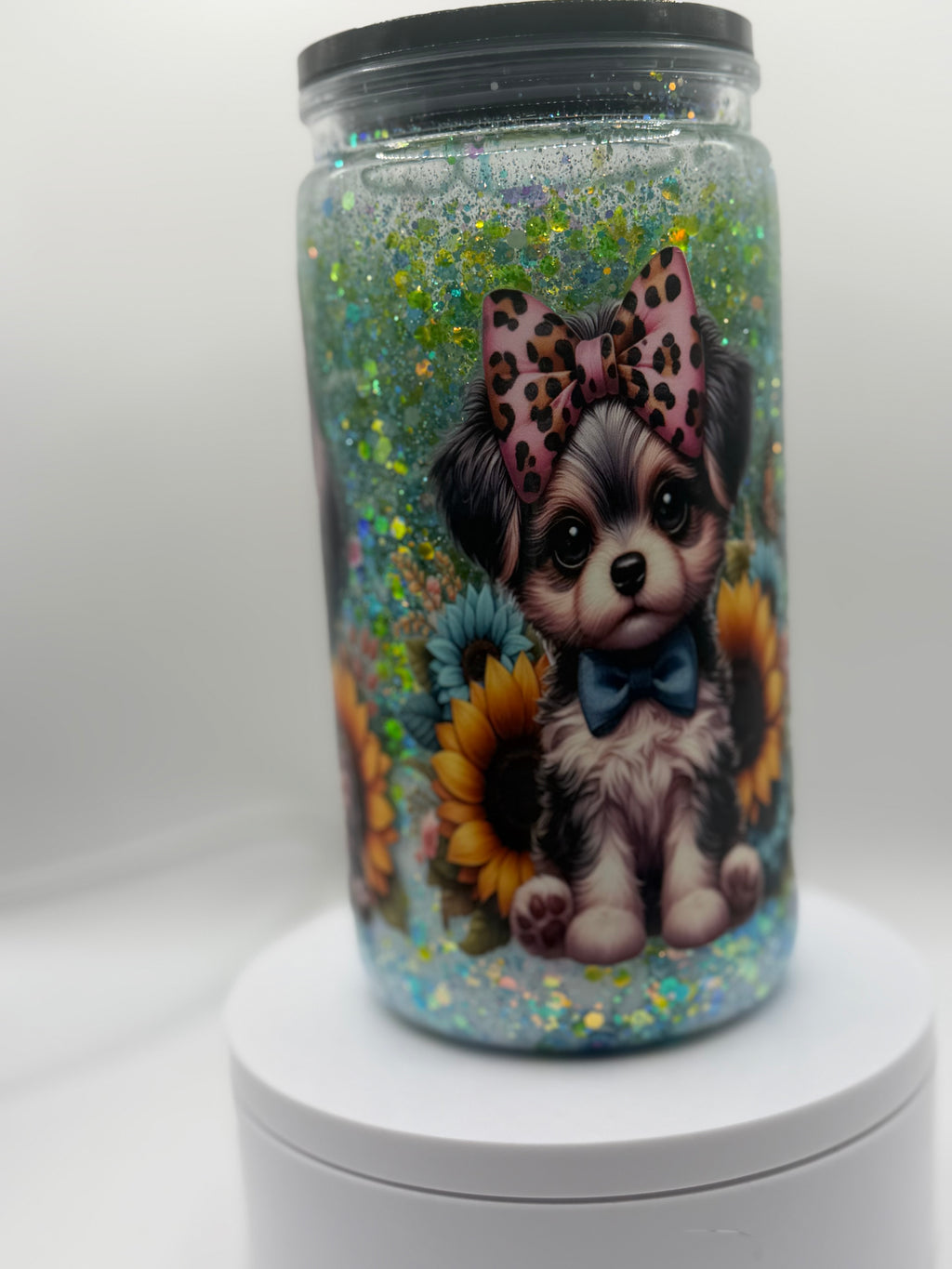 16 oz Dogs with Leopard bows snow globe cup