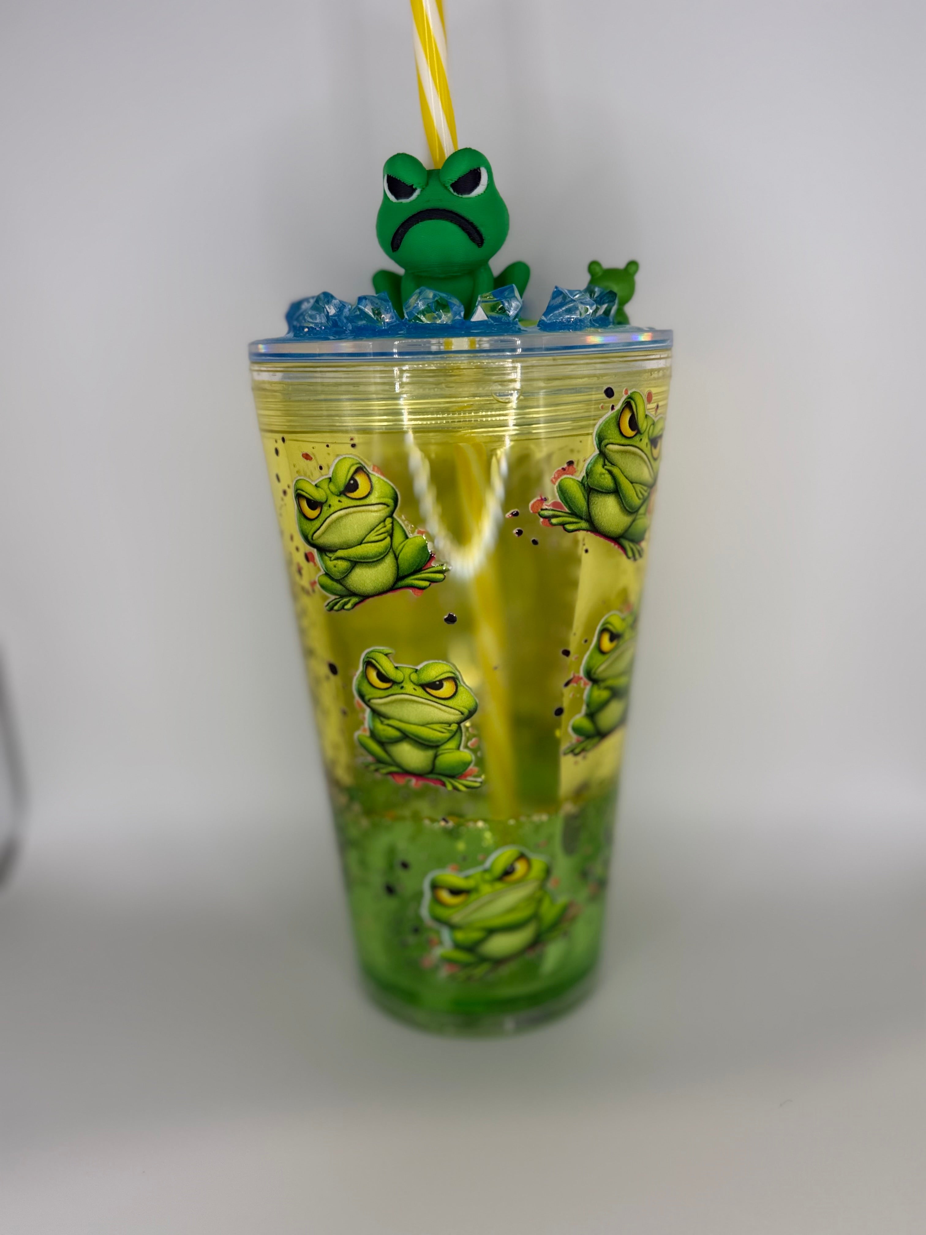 16 oz Grumpy Frog snow globe cup with decorated lid