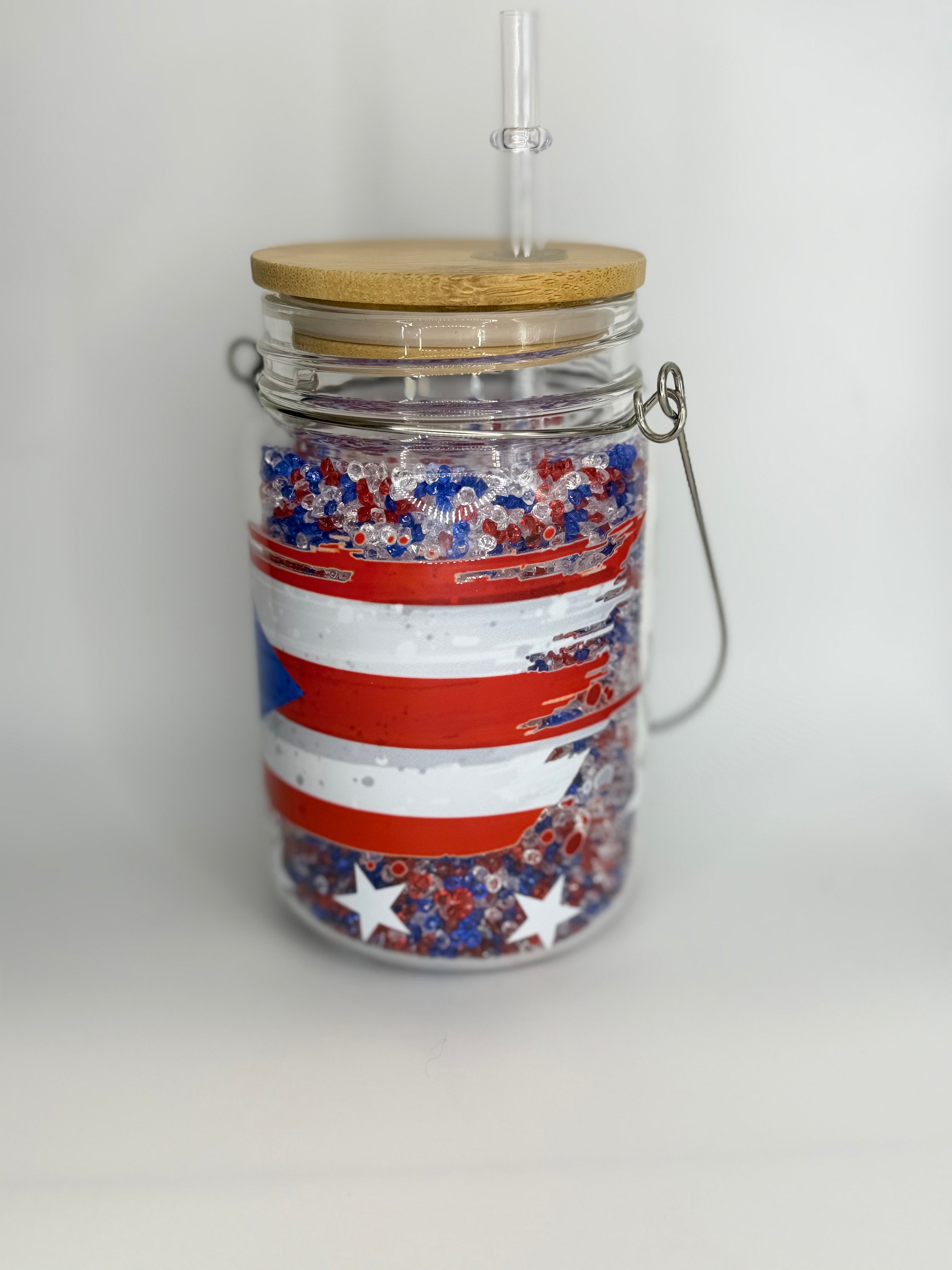 11 oz Puerto Rico Flag glass Snow Globe Solar Light/cup