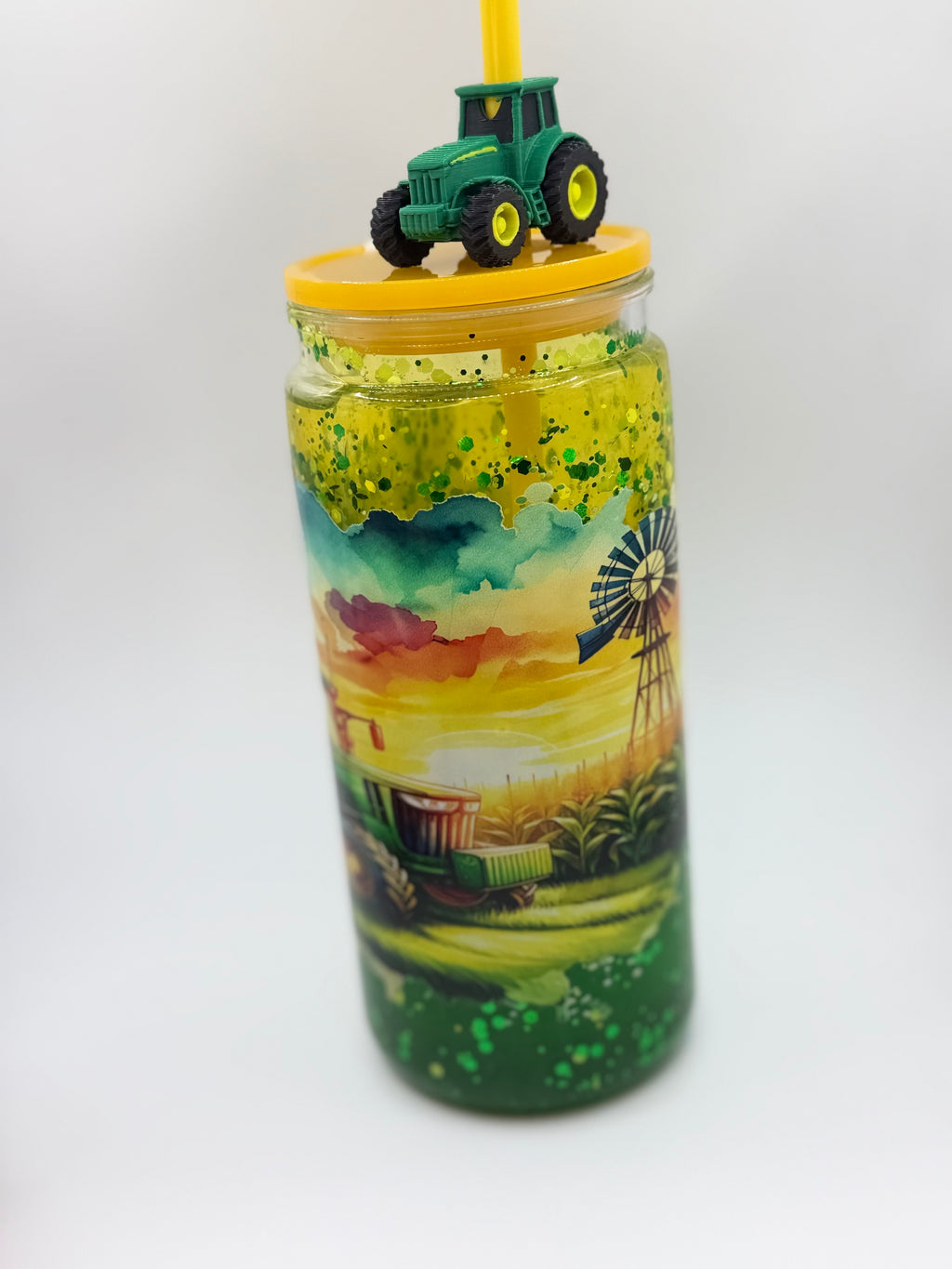 20 oz Sunset on the Farm lava  snow globe cup with tractor straw topper