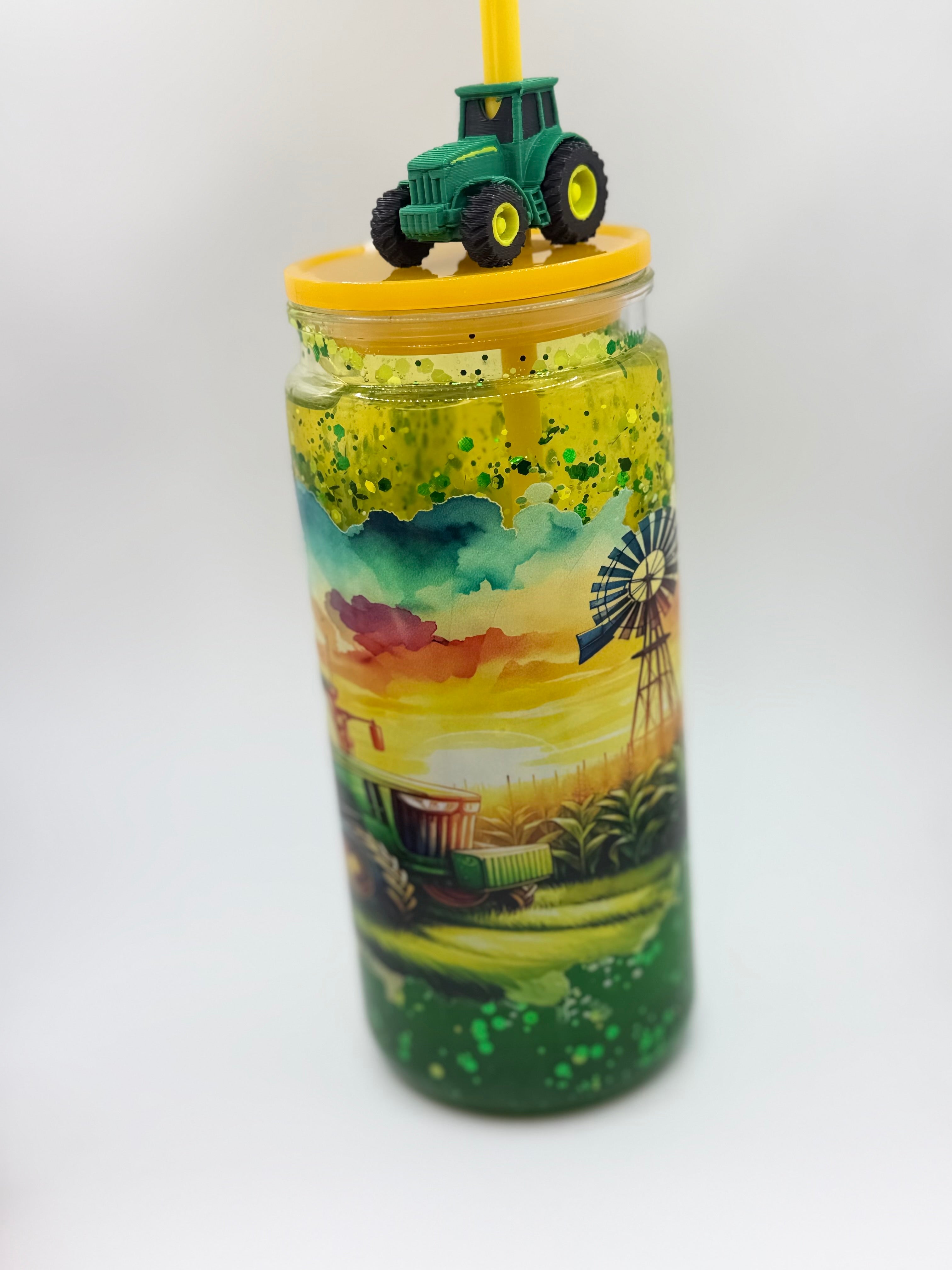 20 oz Sunset on the Farm lava  snow globe cup with tractor straw topper