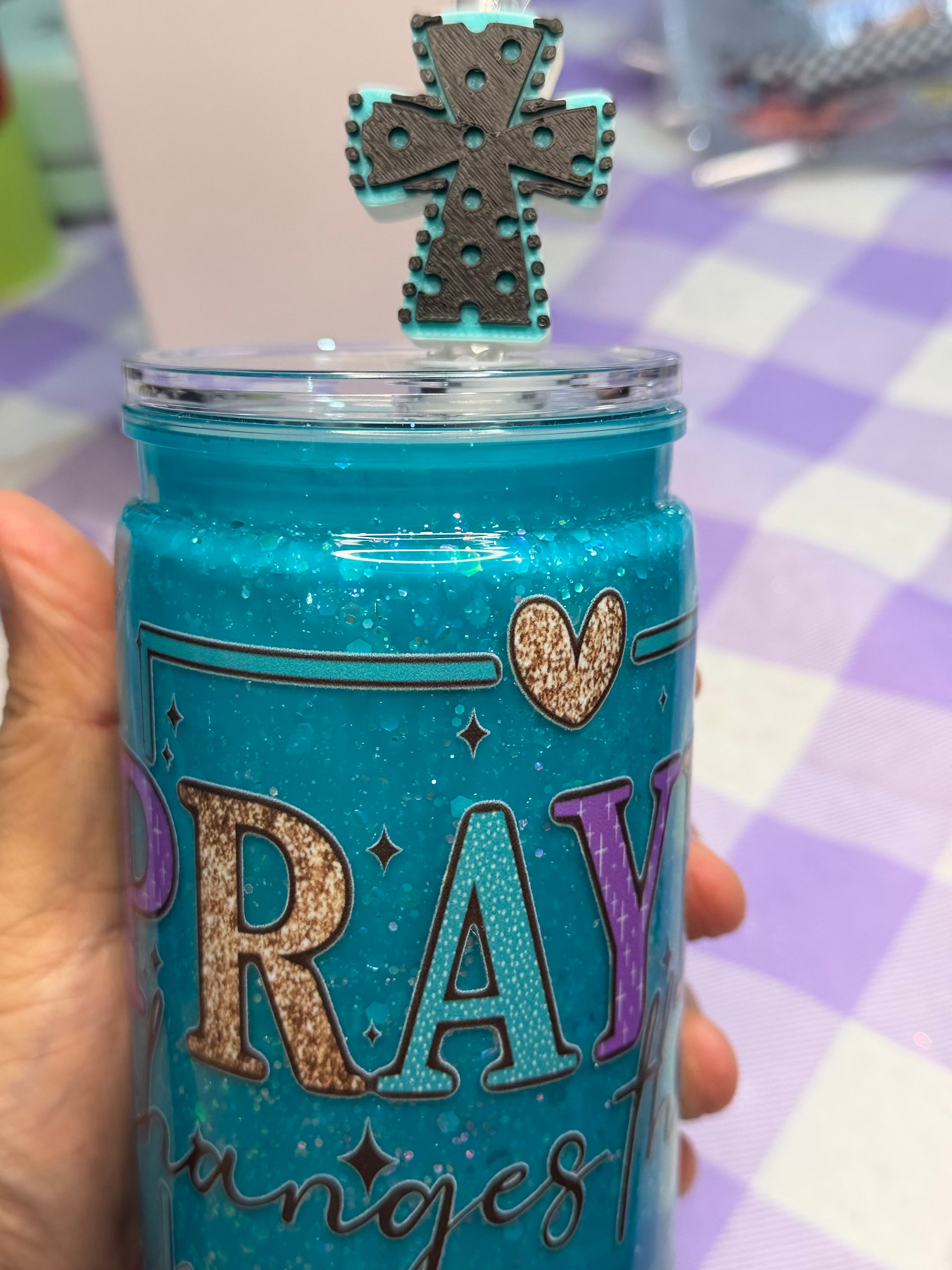 16 oz Prayer Changes Things drip dry glitter cup