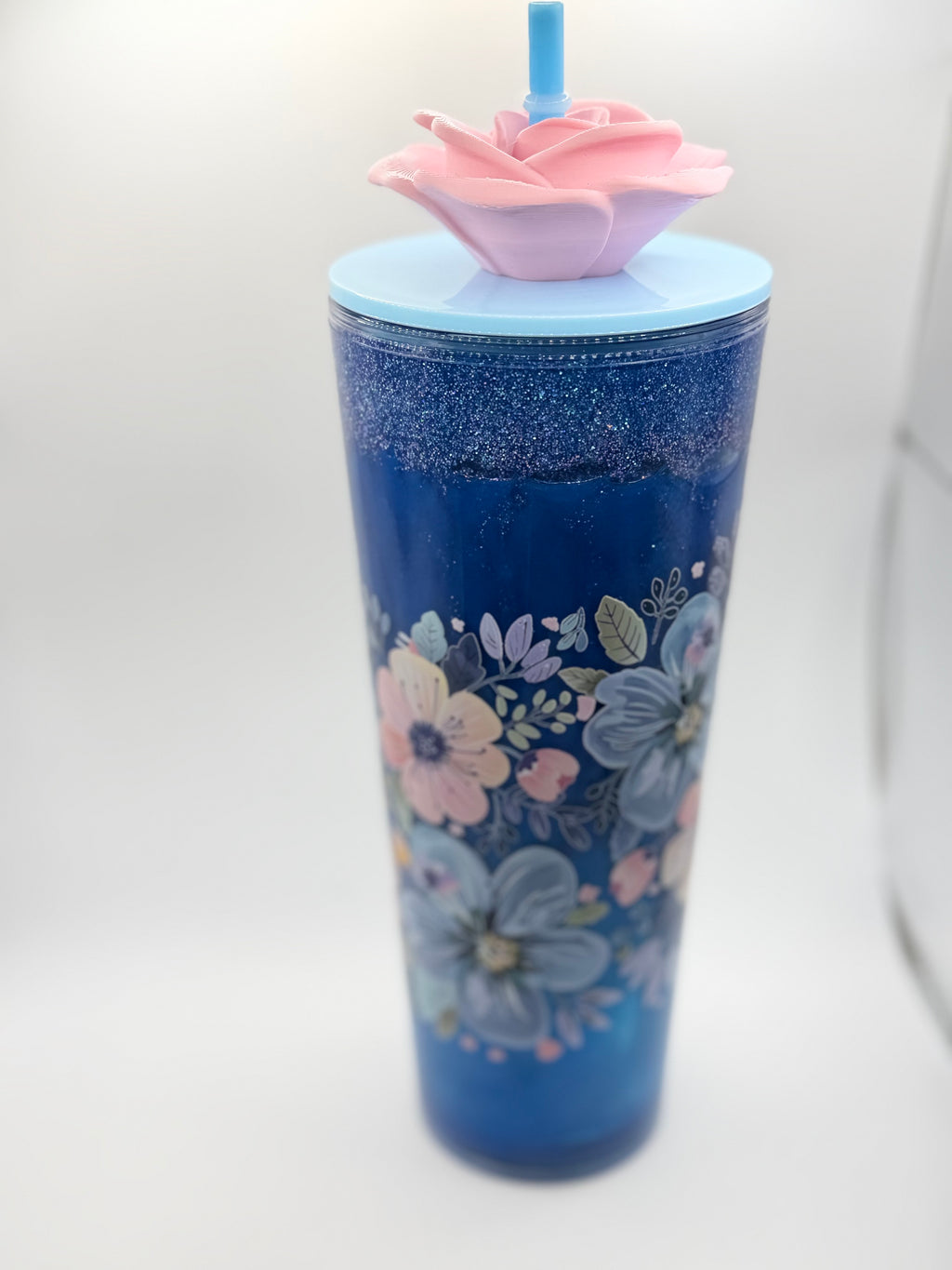 24 oz lava pink and blue flowers snow globe cup with straw topper