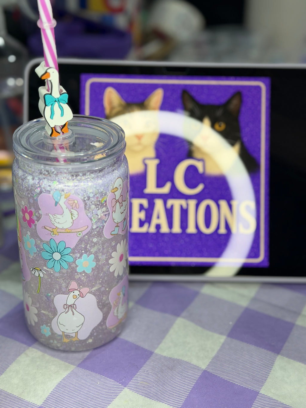 16 oz Geese drip snow globe cup with striped straw and Goose straw topper