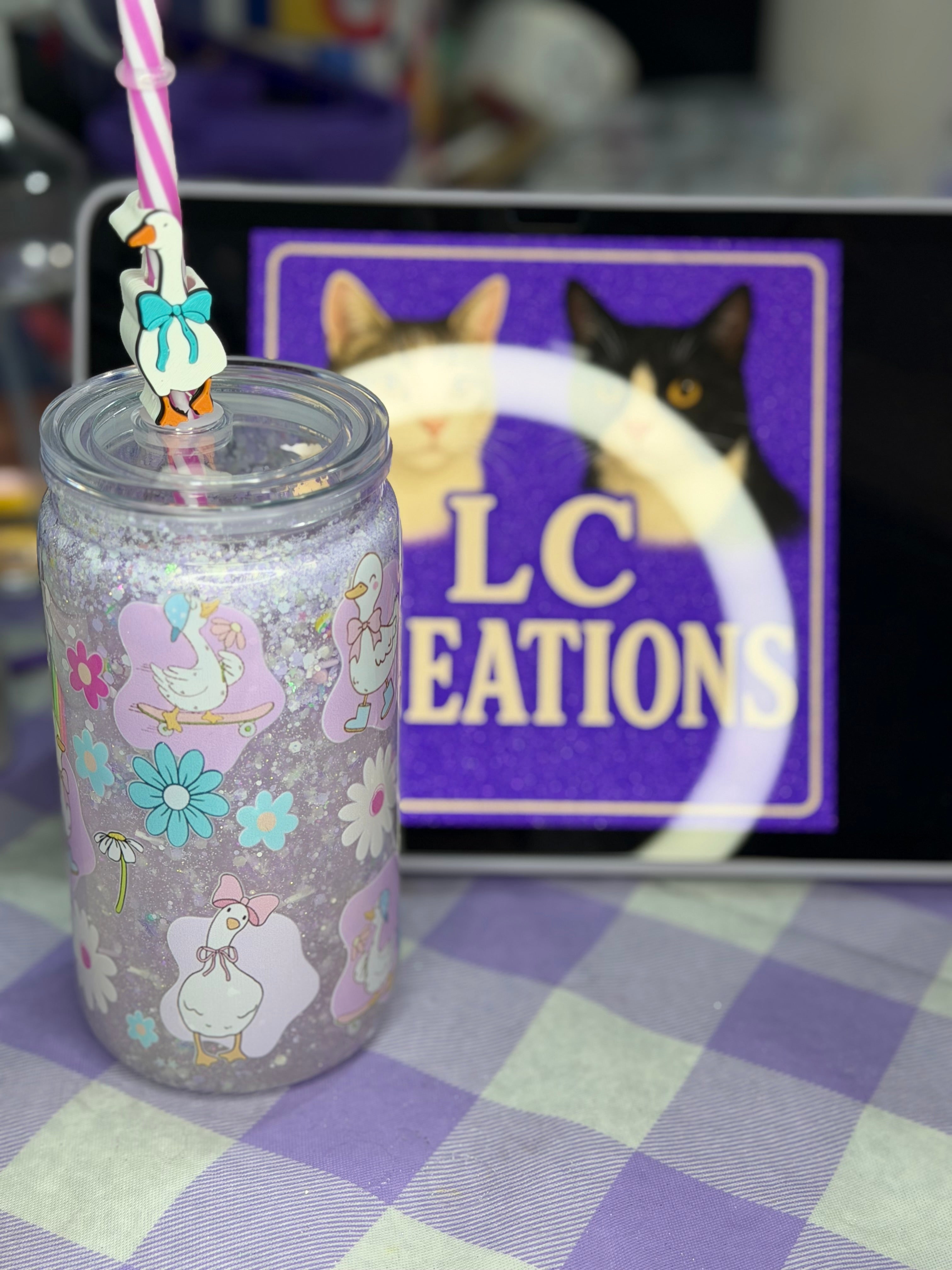 16 oz Geese drip snow globe cup with striped straw and Goose straw topper