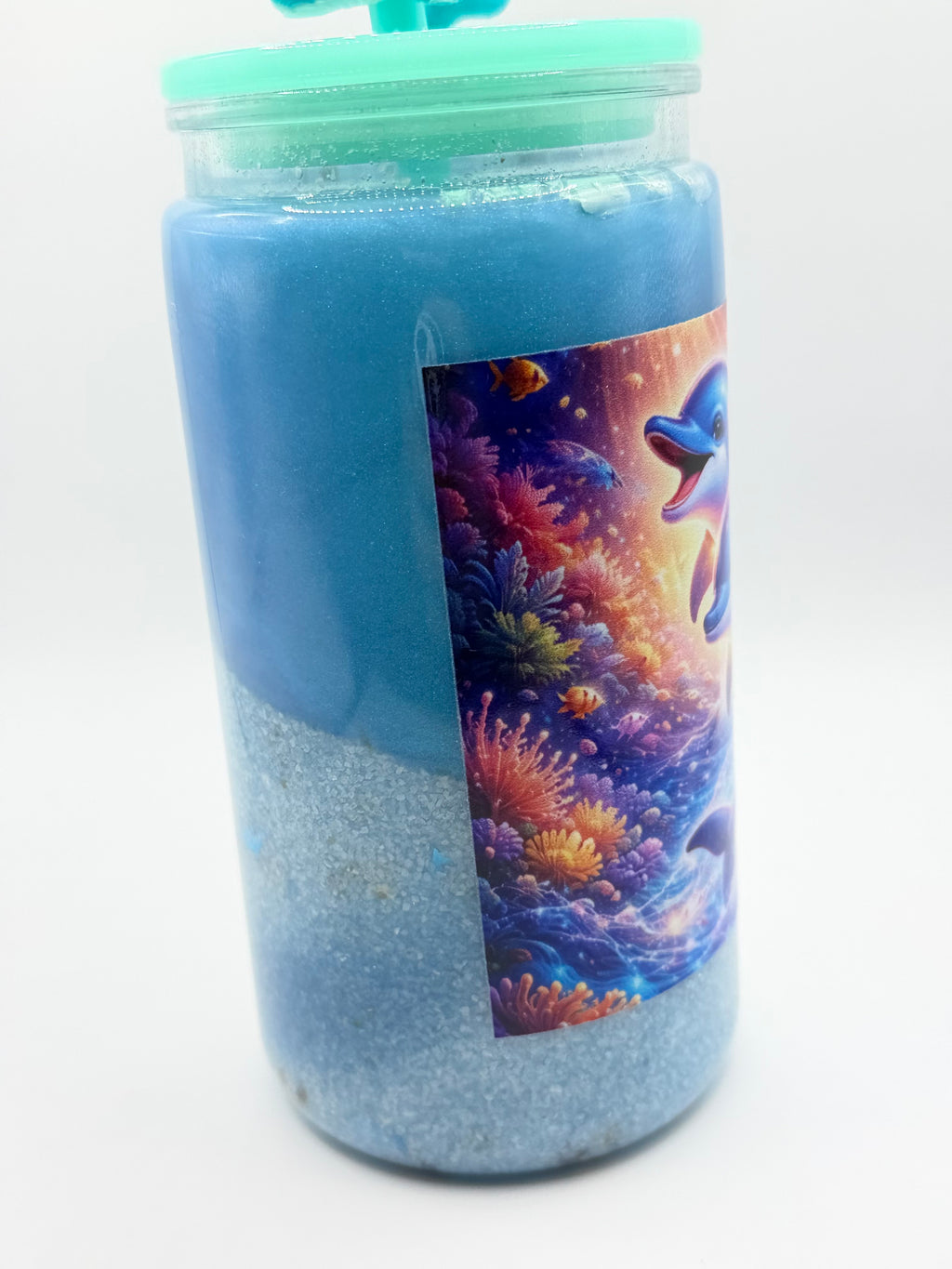 16 oz Dolphin Beach snow globe cup with Dolphin straw topper