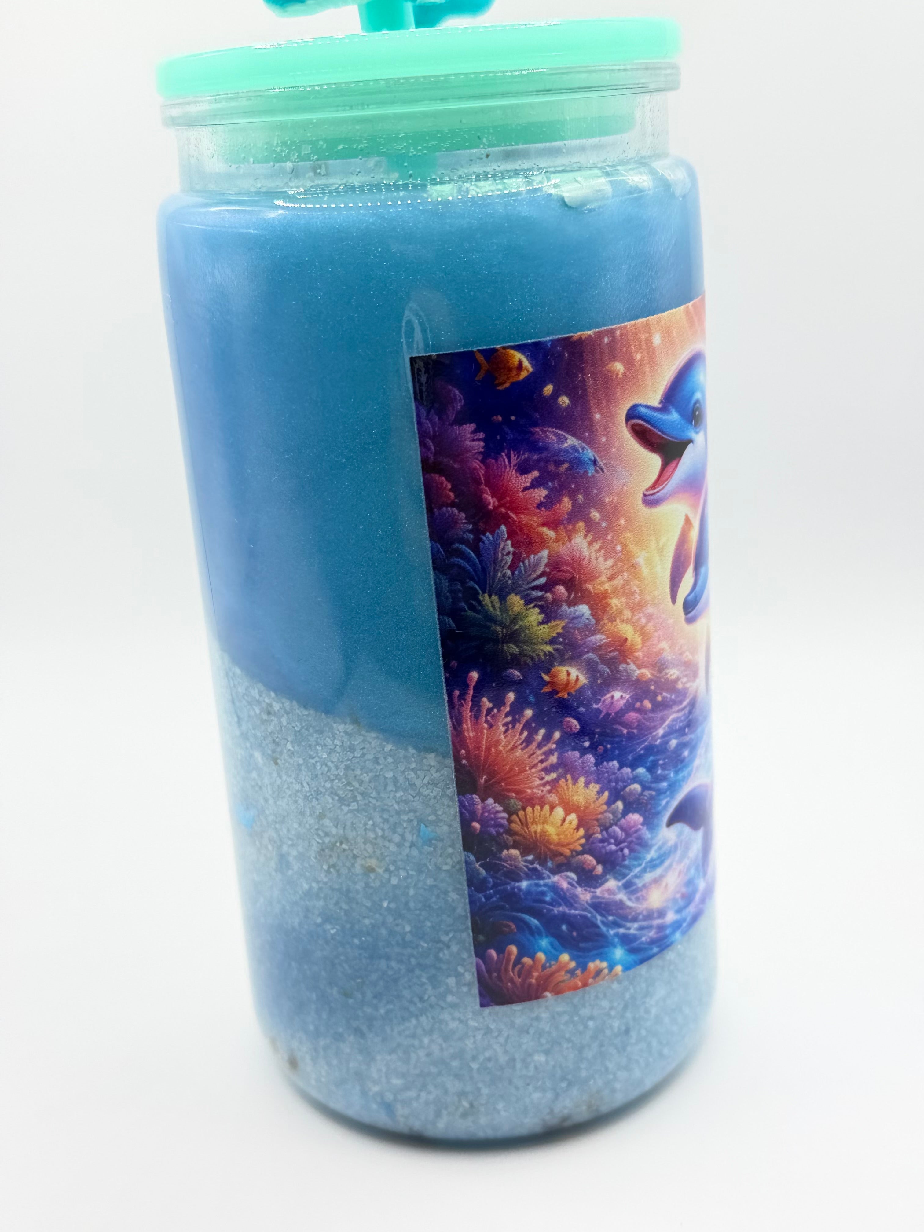 16 oz Dolphin Beach snow globe cup with Dolphin straw topper