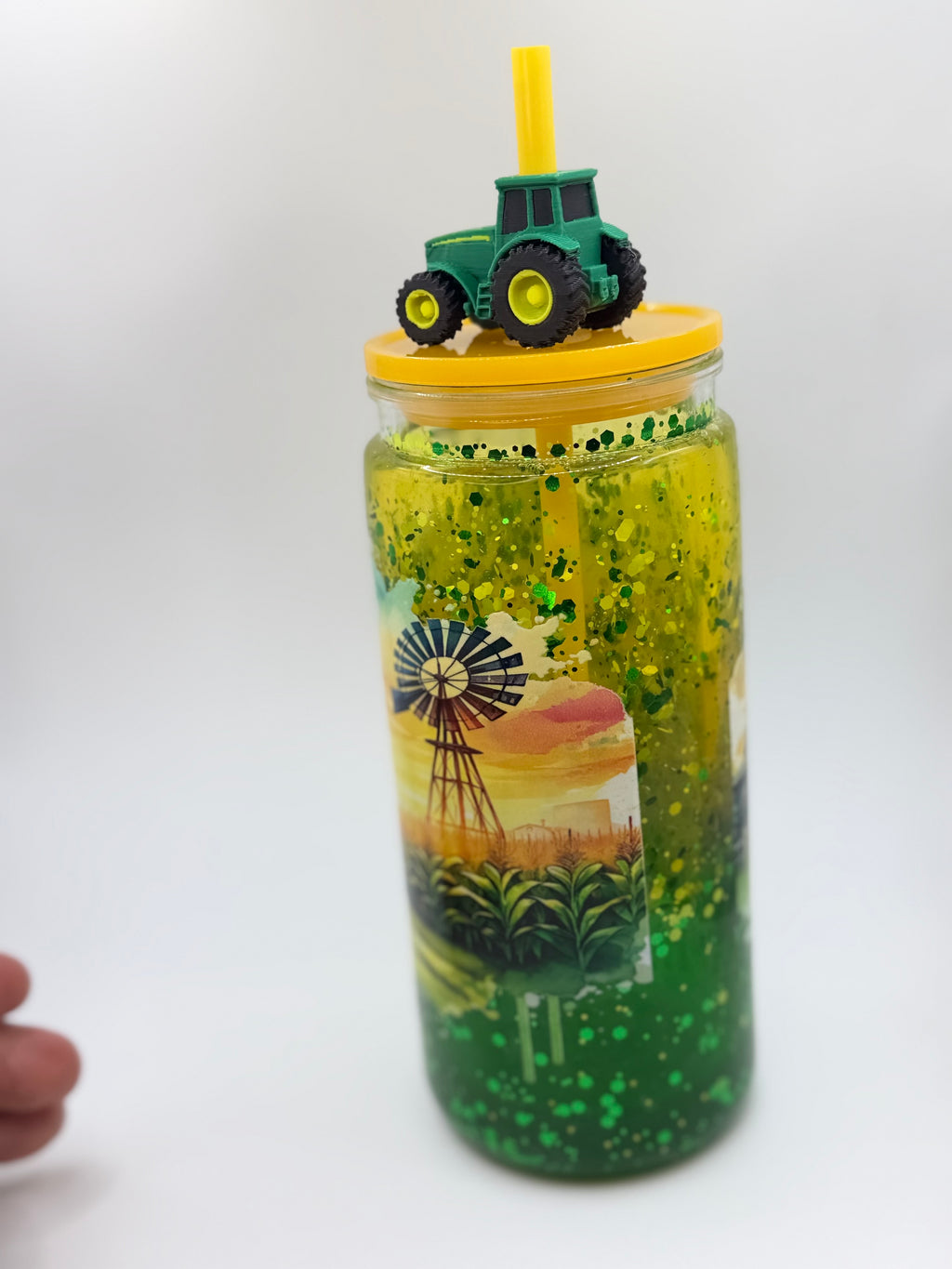 20 oz Sunset on the Farm lava  snow globe cup with tractor straw topper