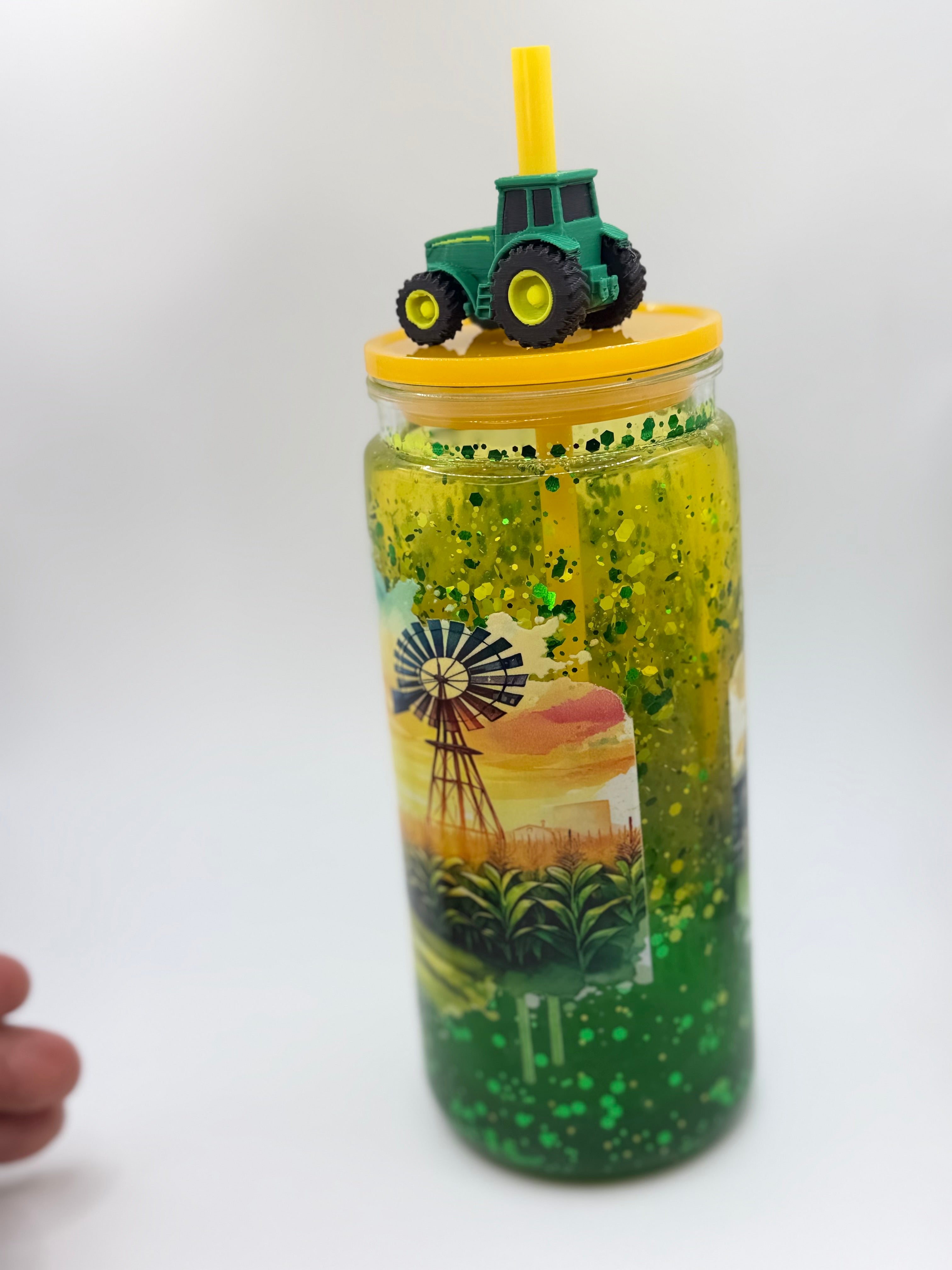 20 oz Sunset on the Farm lava  snow globe cup with tractor straw topper