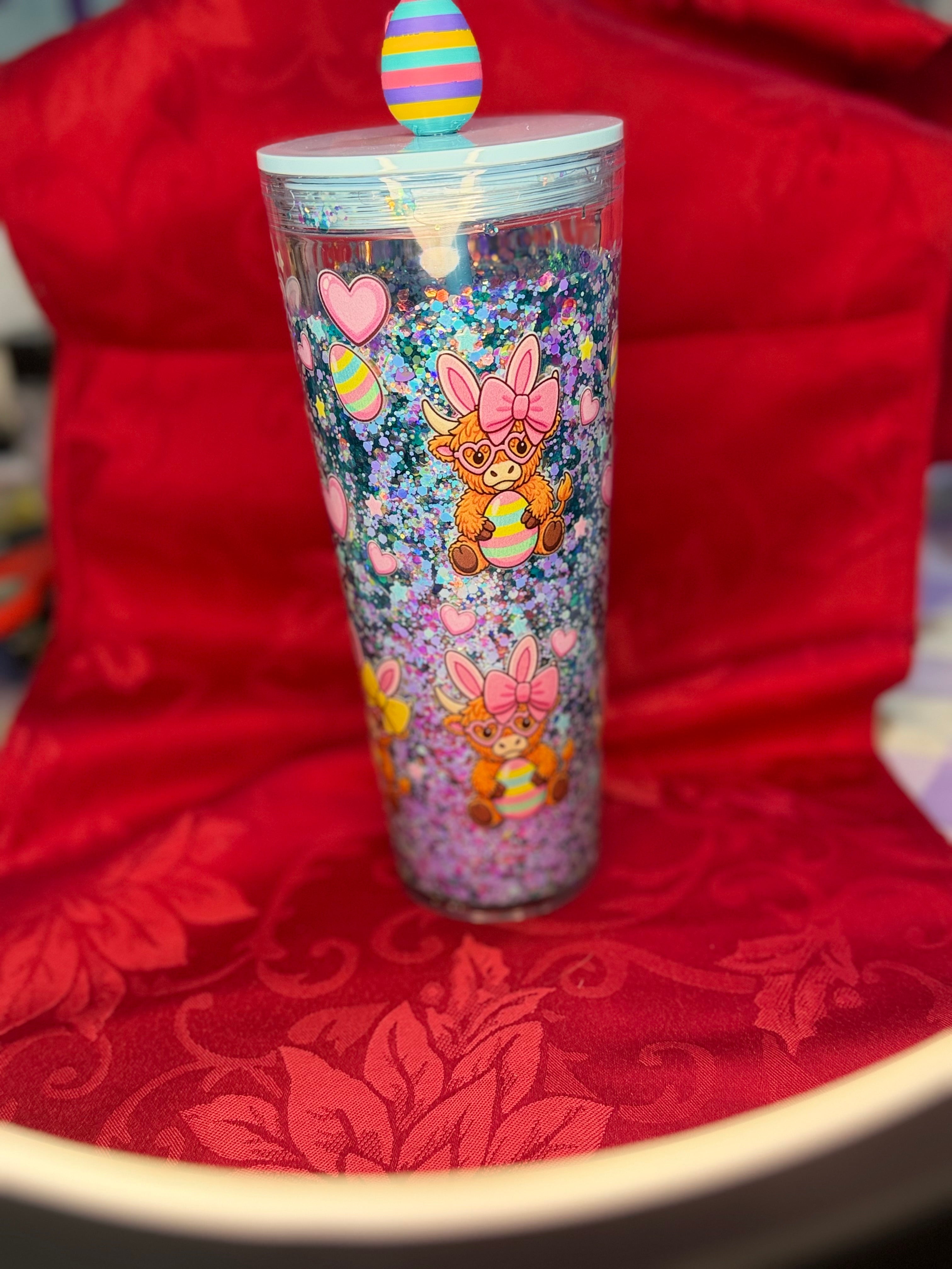 24 oz Easter Cows glitter tumbler with Easter Egg straw topper