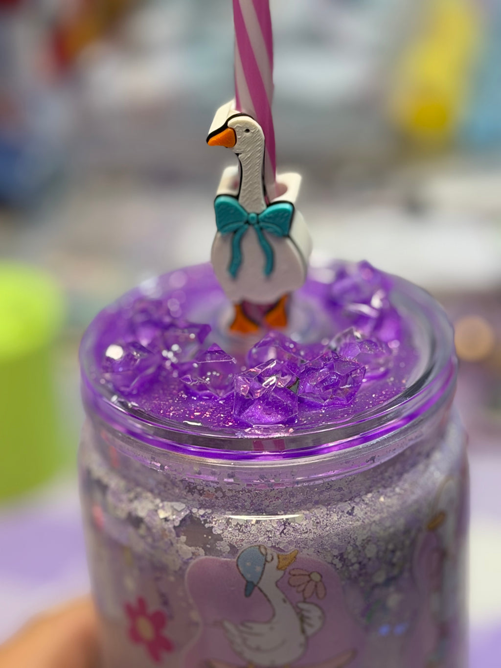 16 oz Geese drip snow globe cup with striped straw and Goose straw topper
