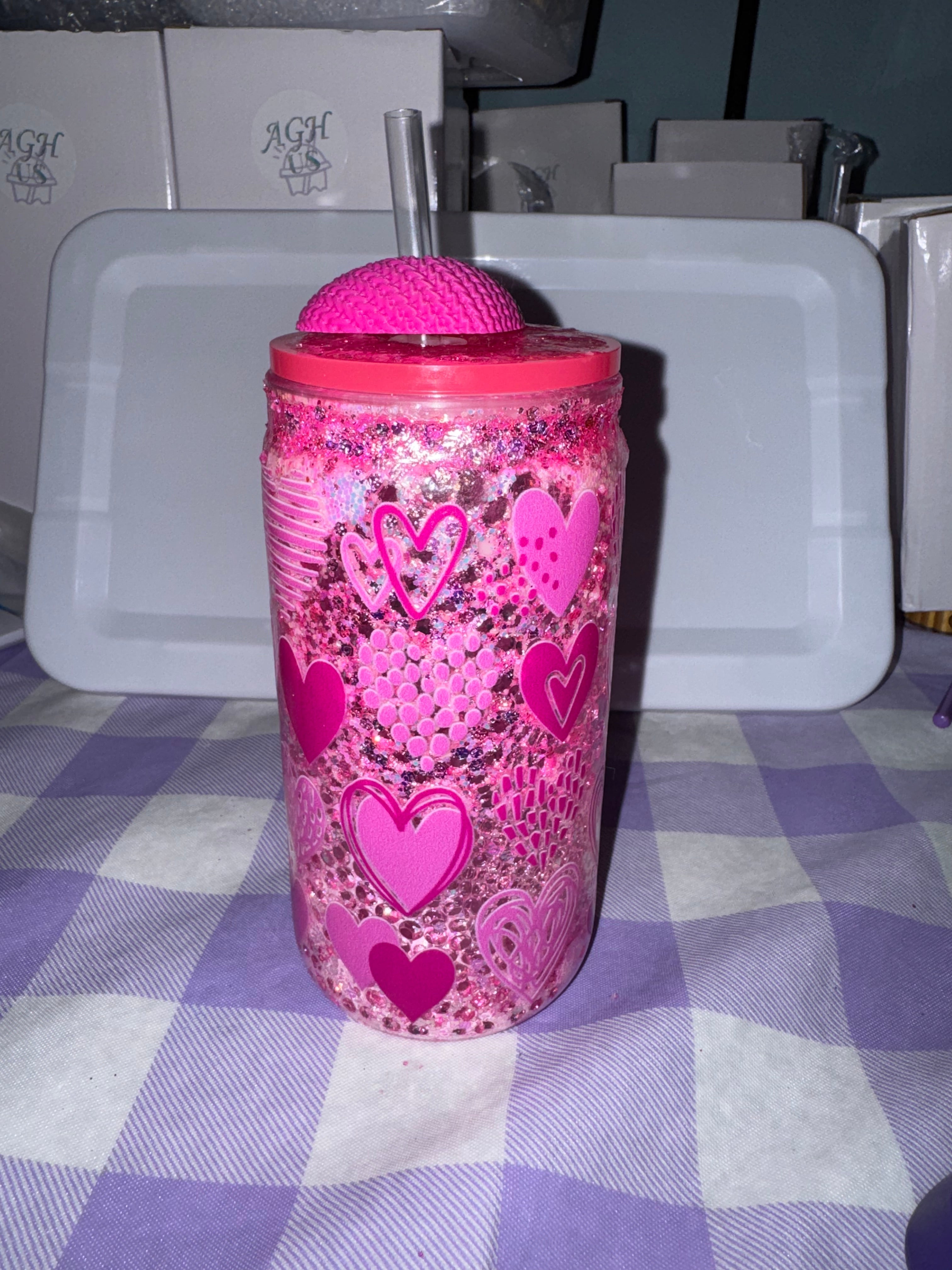 16 oz Heart bubble tumbler with Heart straw topper