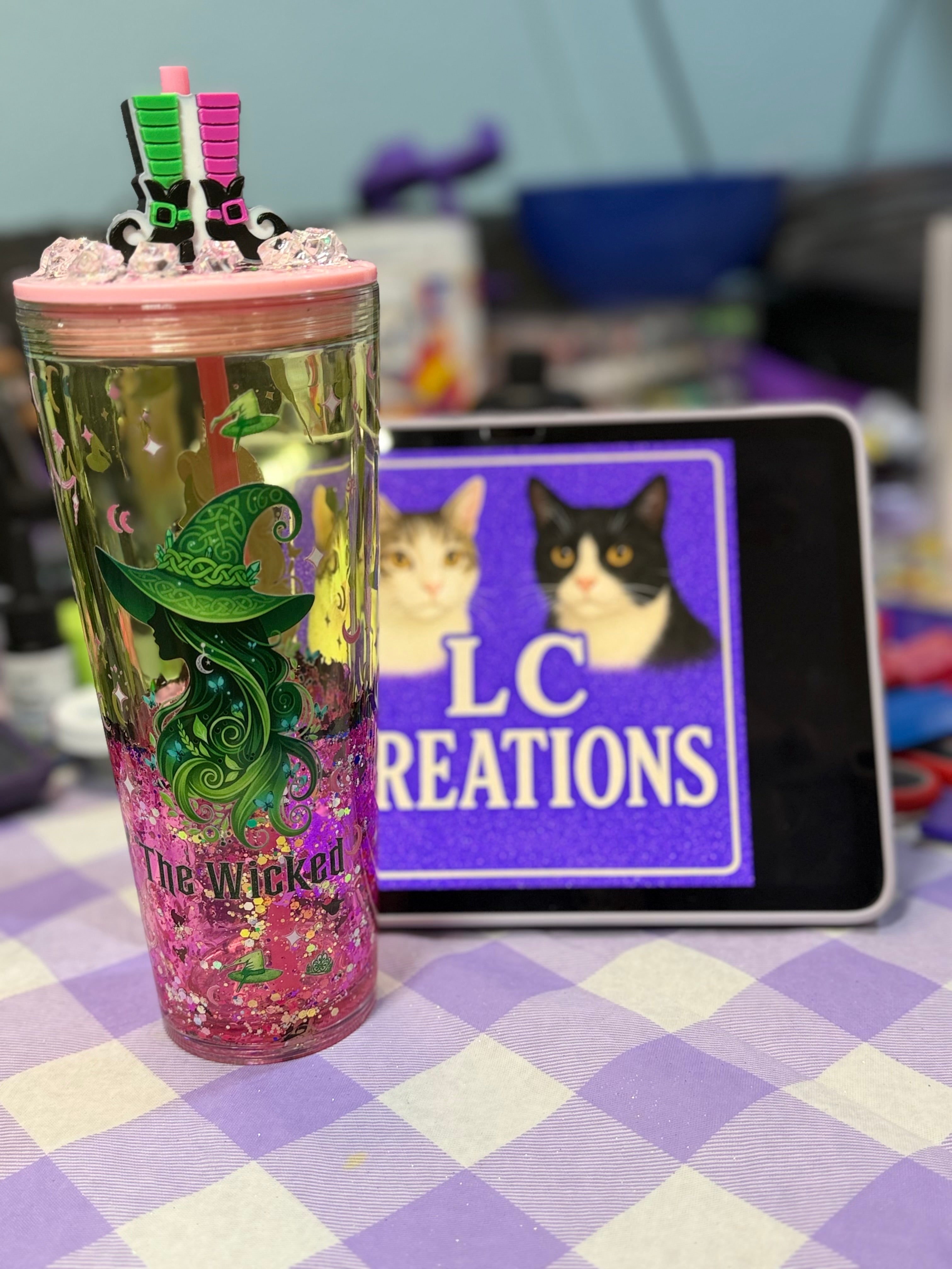 24 oz Wicked lava tumbler with witches feet straw topper
