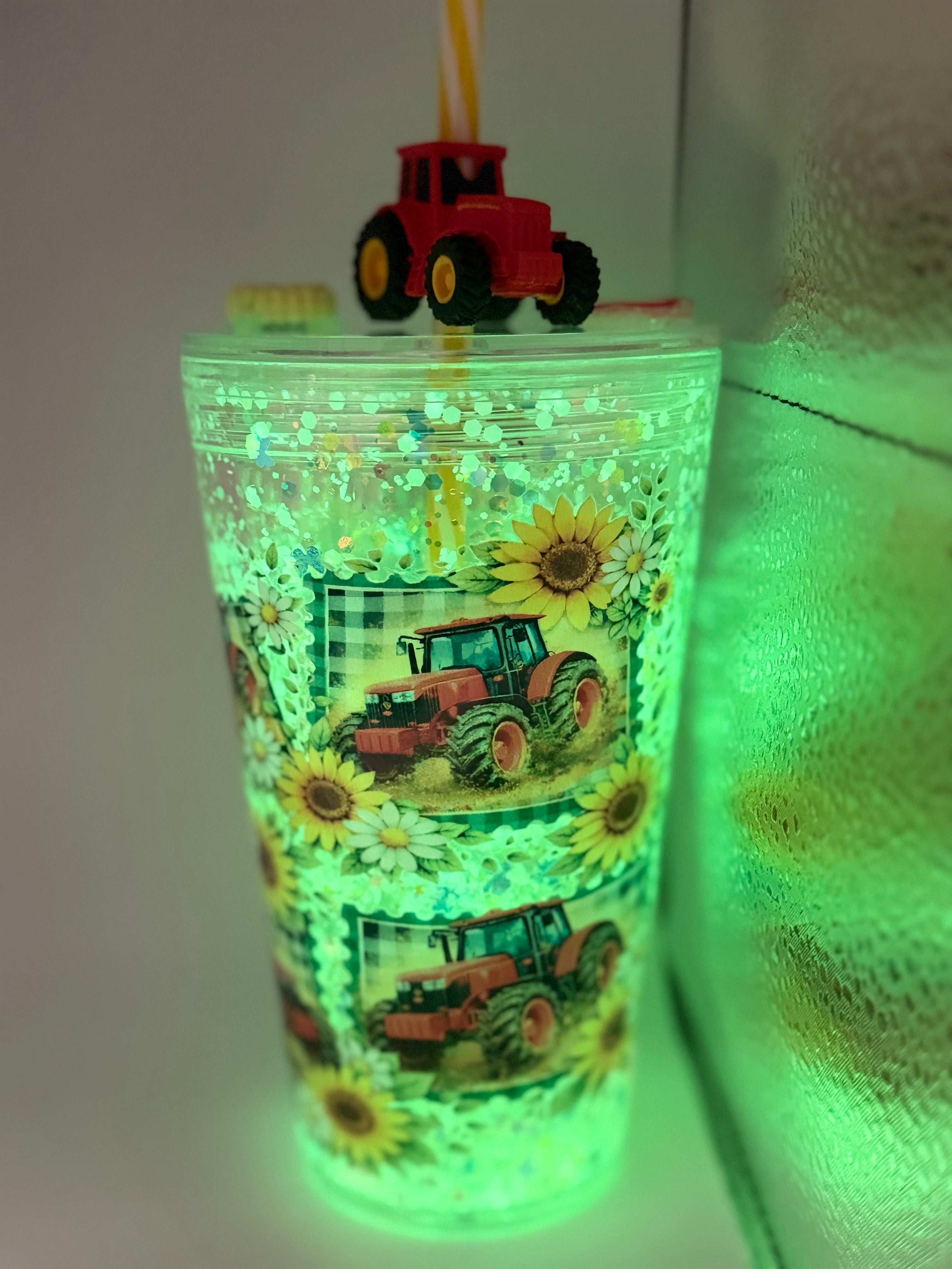 16 oz Tractor with Sunflowers snow globe cup with decorated lid and striped straw
