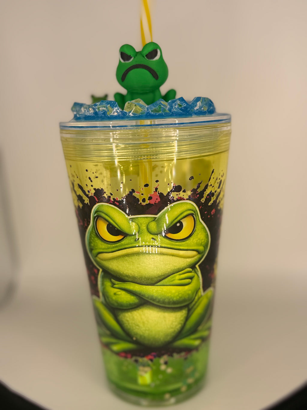 16 oz Grumpy Frog snow globe cup with decorated lid