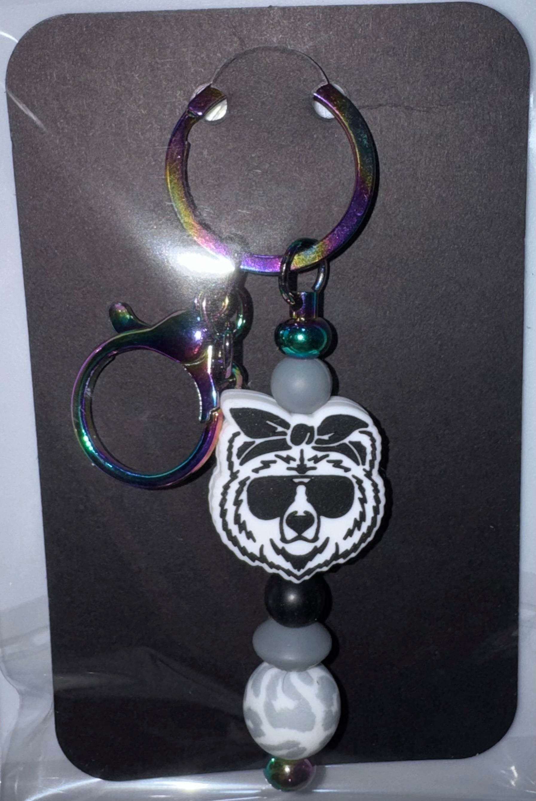Black & white bear beaded keychain