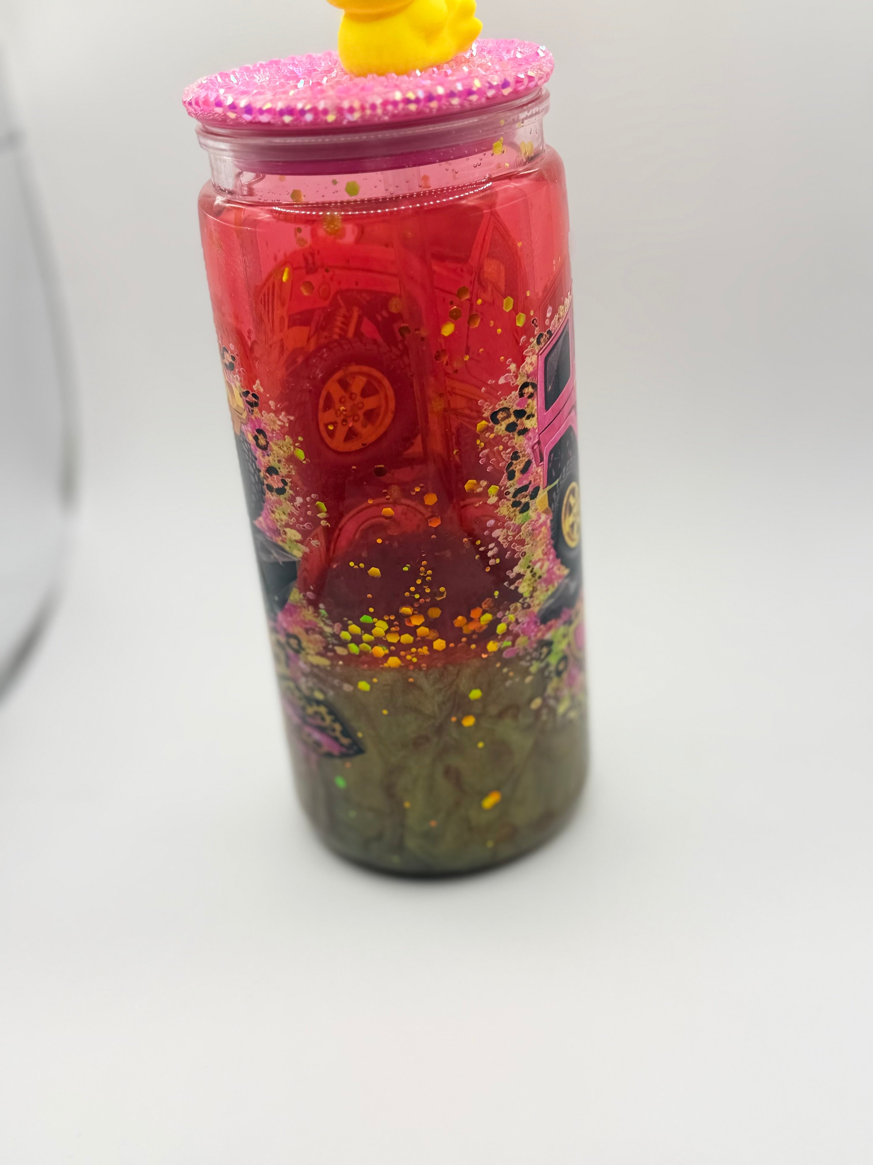 20 oz Jeep girl snow globe cup with Duck straw topper and rhinestone lid