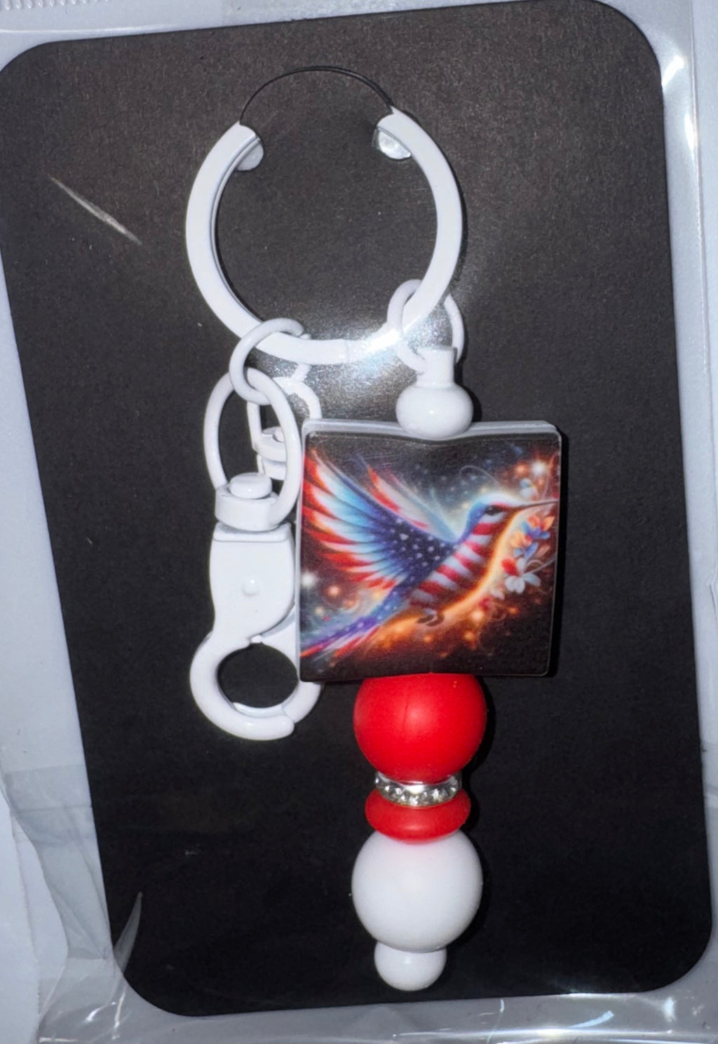 Red white & blue hummingbird beaded keychain