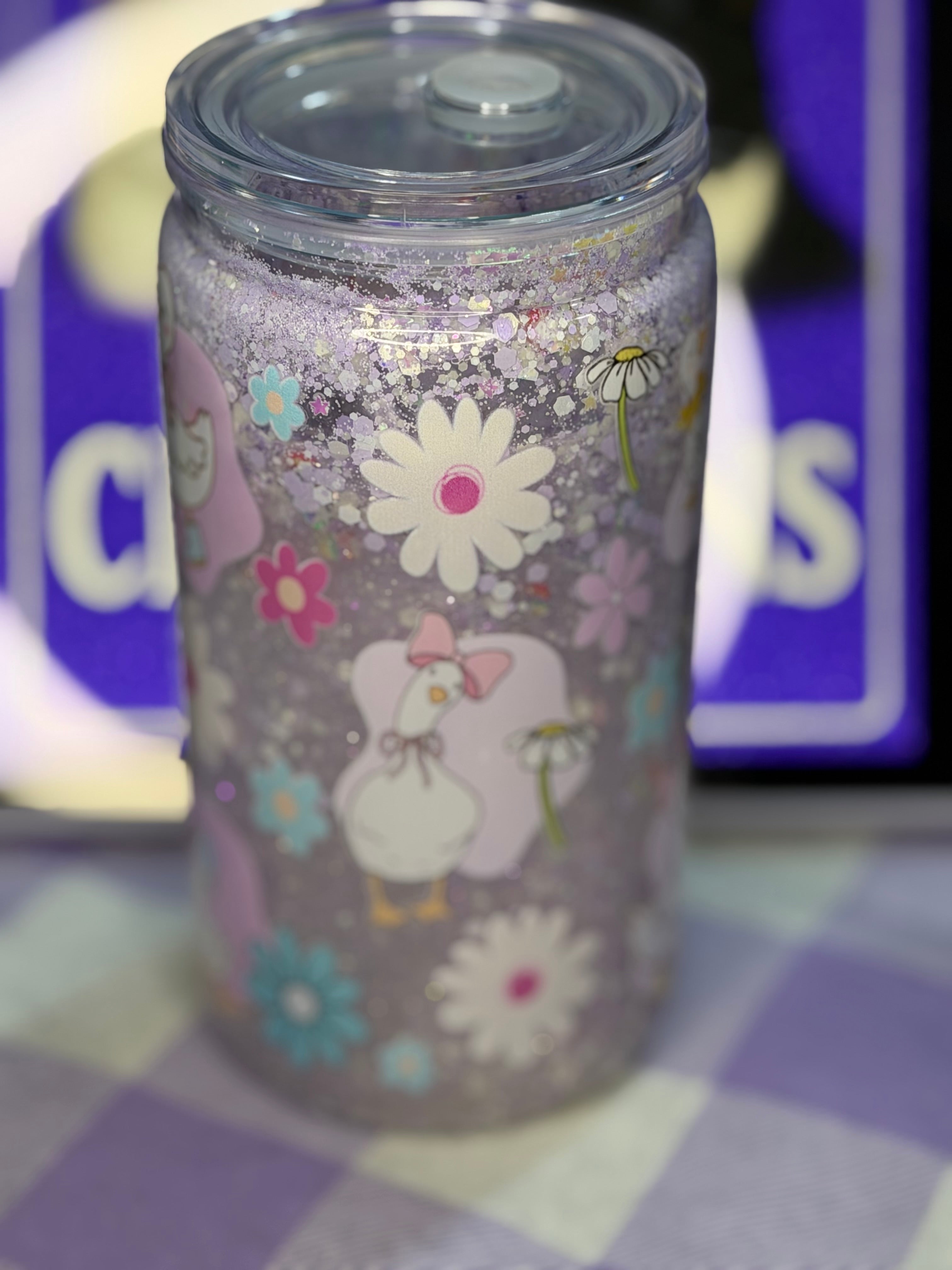 16 oz Geese drip snow globe cup with striped straw and Goose straw topper