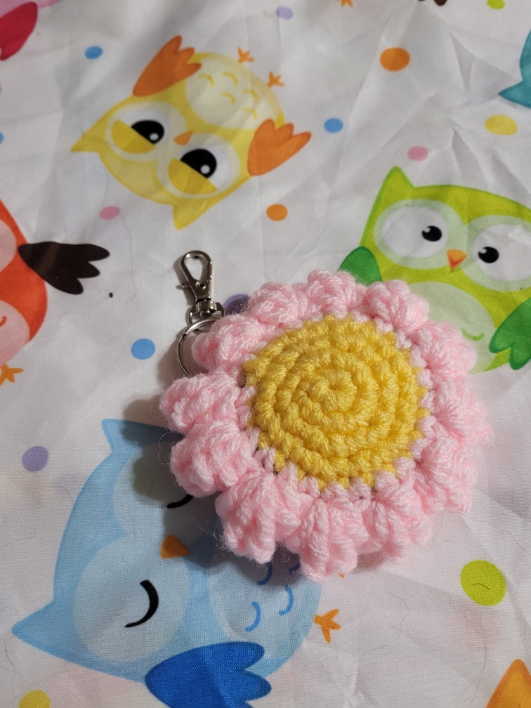 Crocheted Pink and yellow Flower keychain