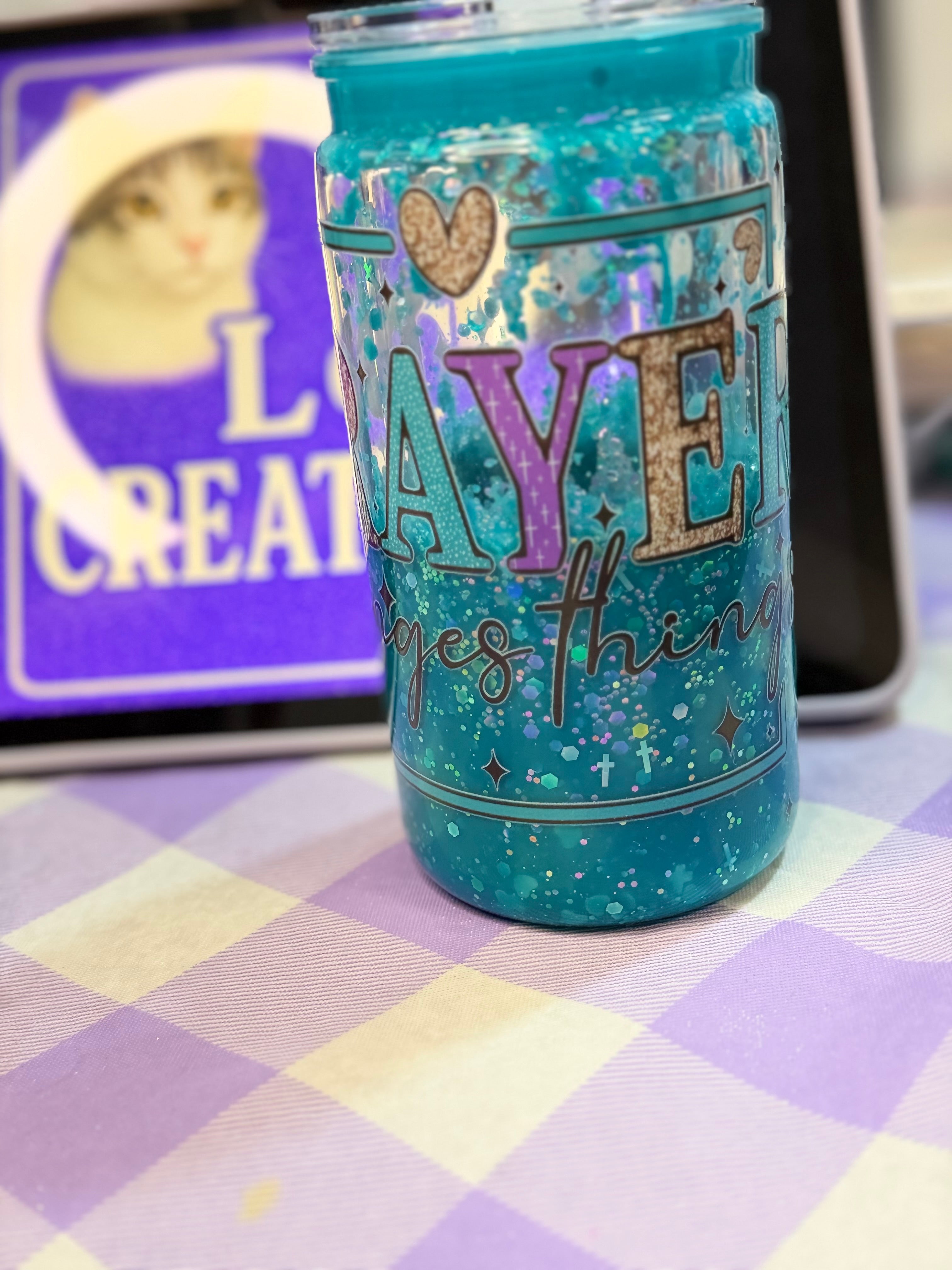 16 oz Prayer Changes Things drip dry glitter cup