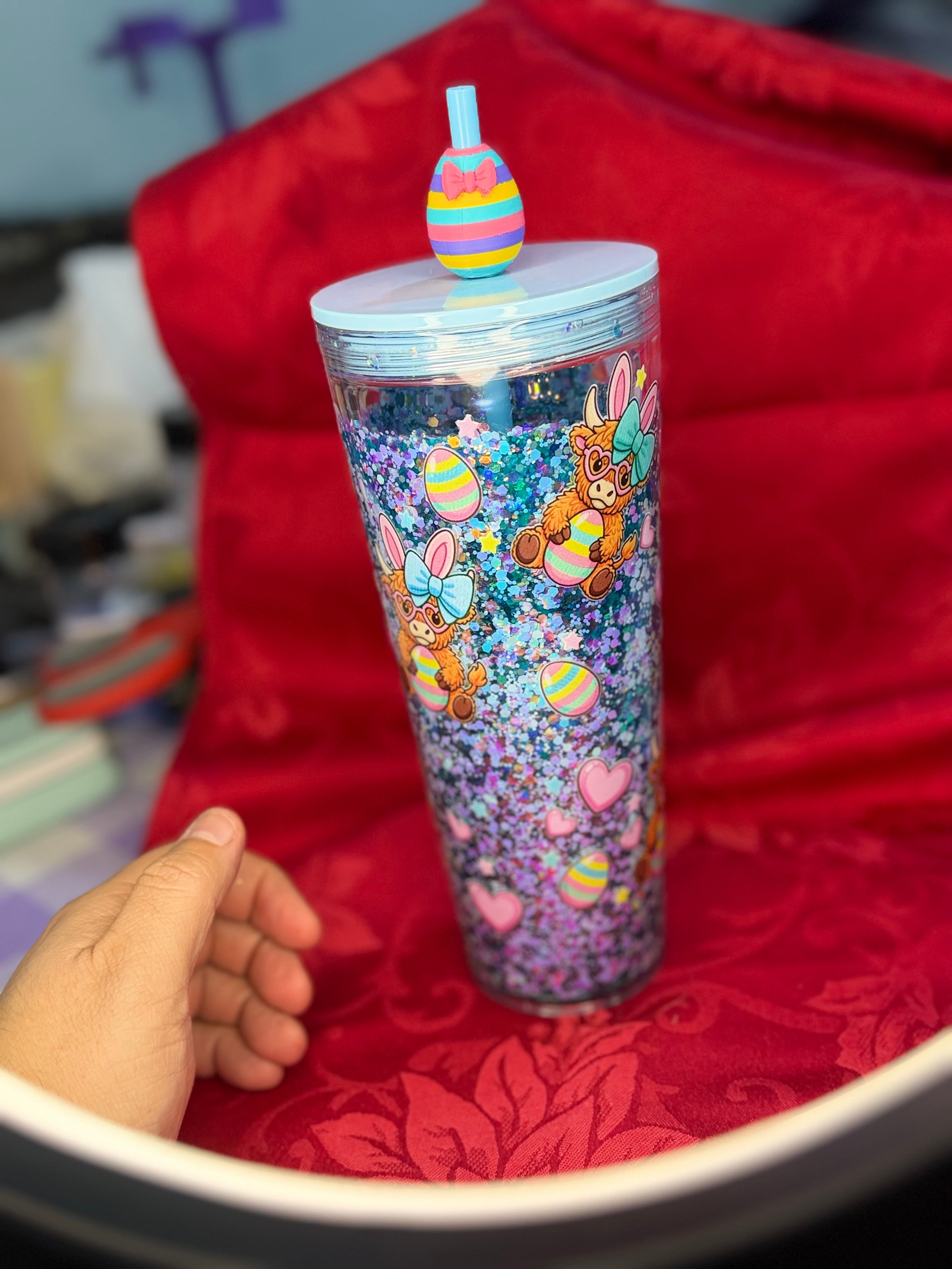 24 oz Easter Cows glitter tumbler with Easter Egg straw topper