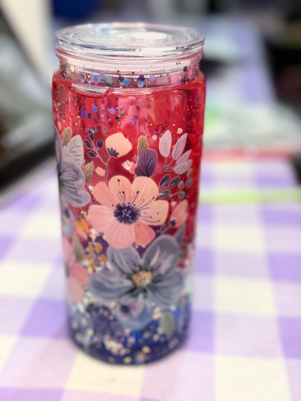 20 oz Pink and blue flower snow globe tumbler