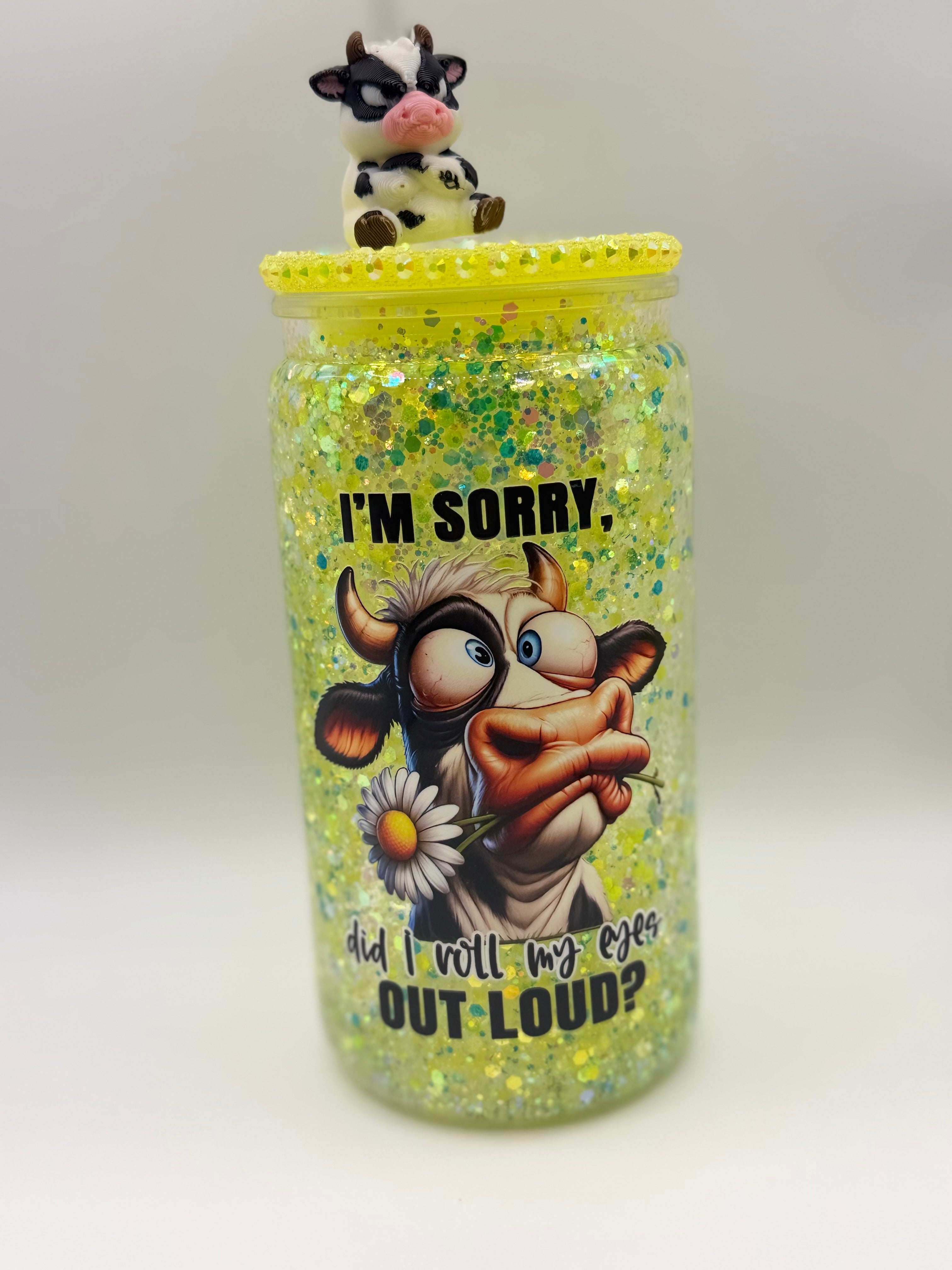 16 oz I’m sorry, Did I roll my eyes out loud? snow globe cup with yellow rhinestone lid