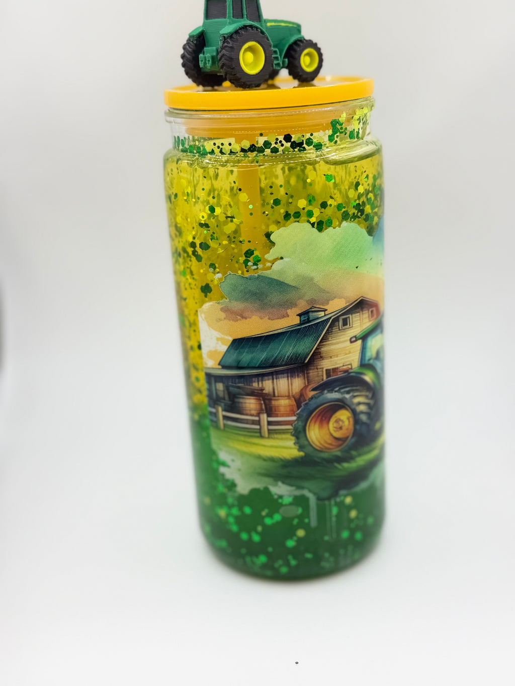20 oz Sunset on the Farm lava  snow globe cup with tractor straw topper