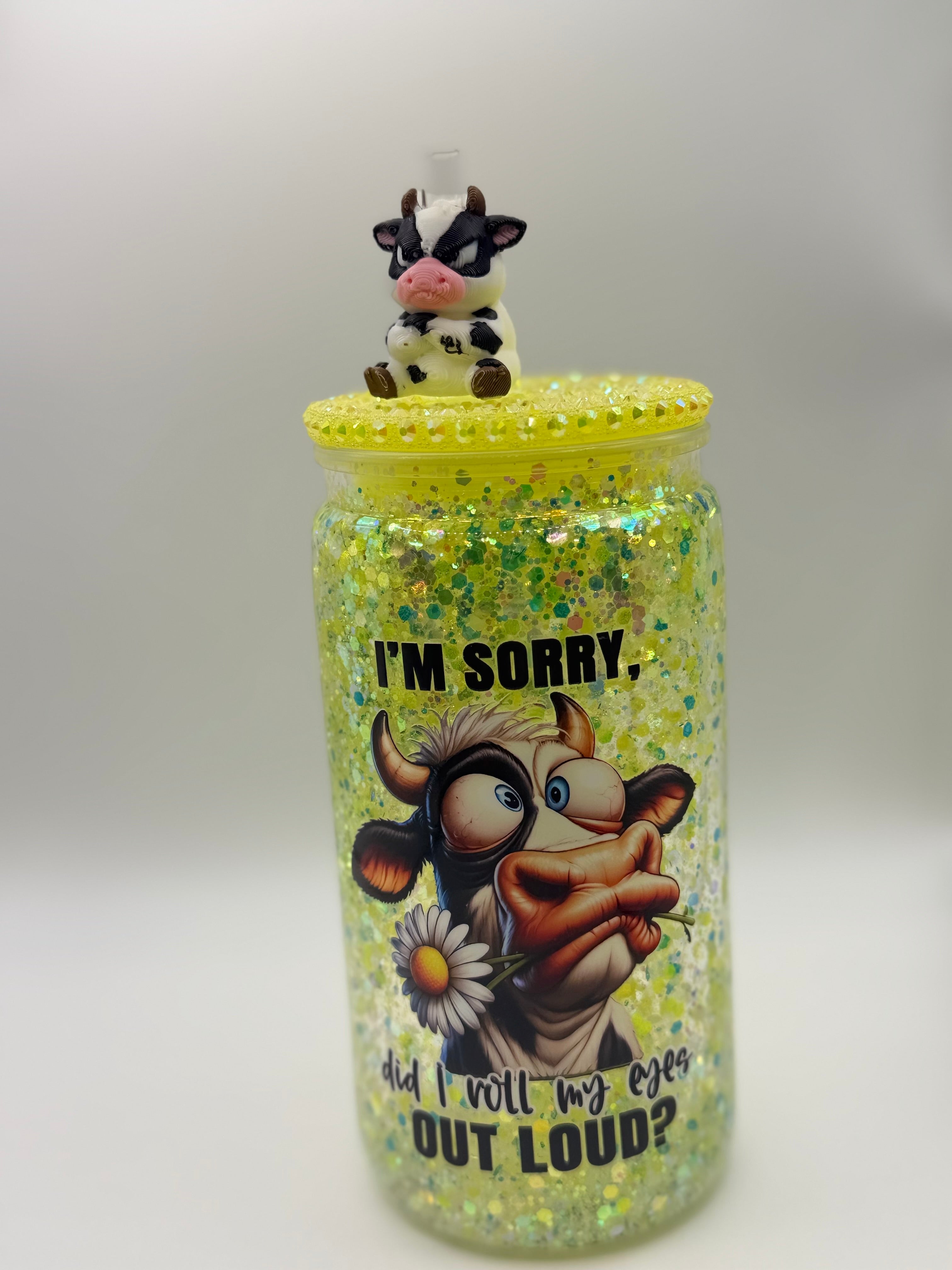 16 oz I’m sorry, Did I roll my eyes out loud? snow globe cup with yellow rhinestone lid