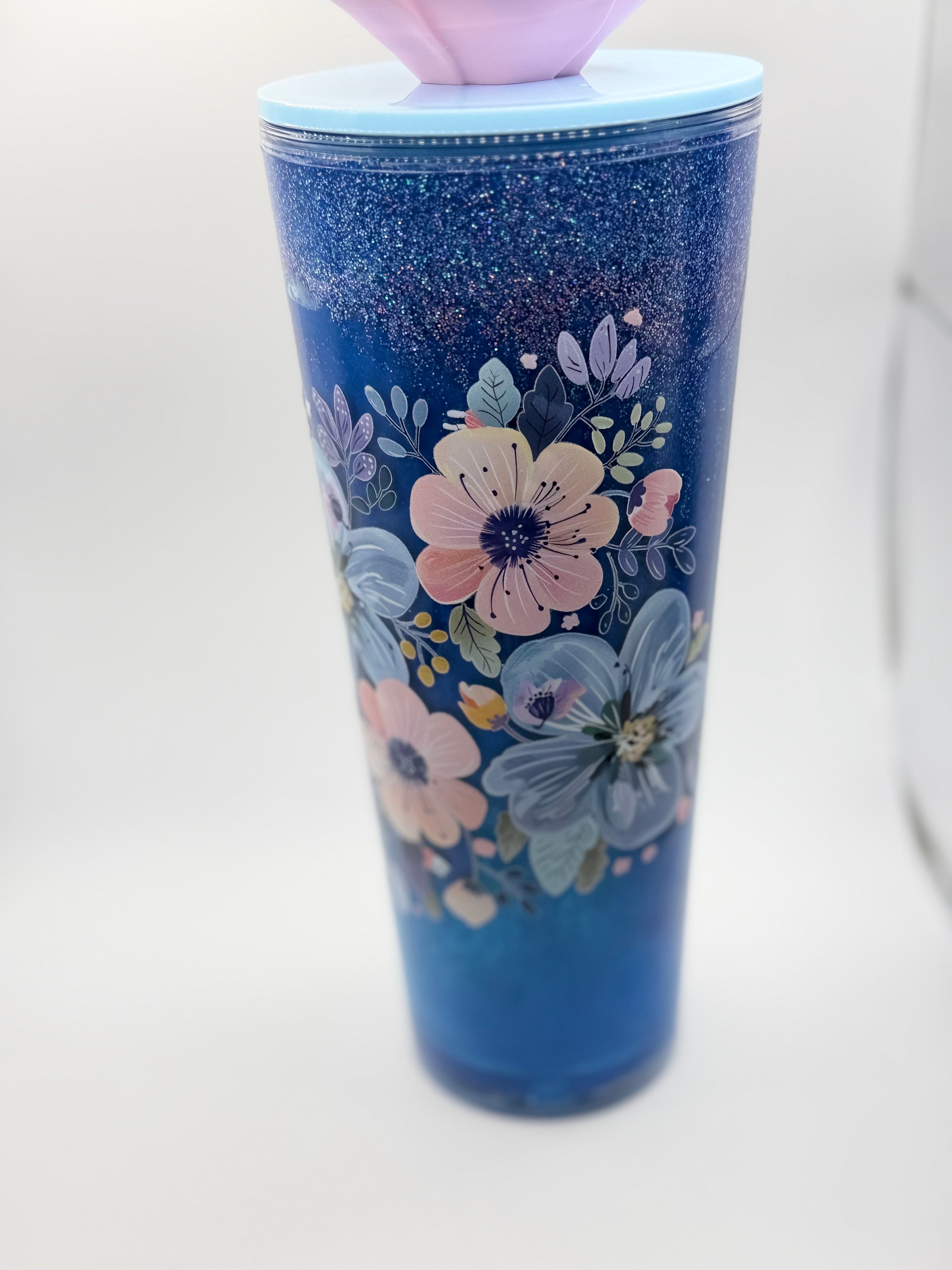 24 oz lava pink and blue flowers snow globe cup with straw topper