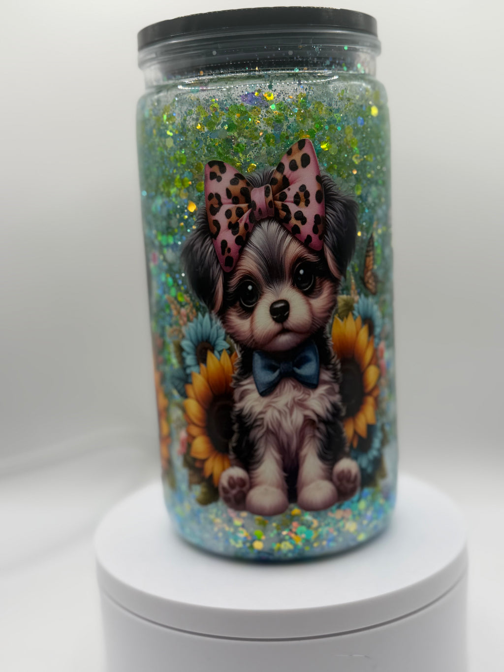16 oz Dogs with Leopard bows snow globe cup