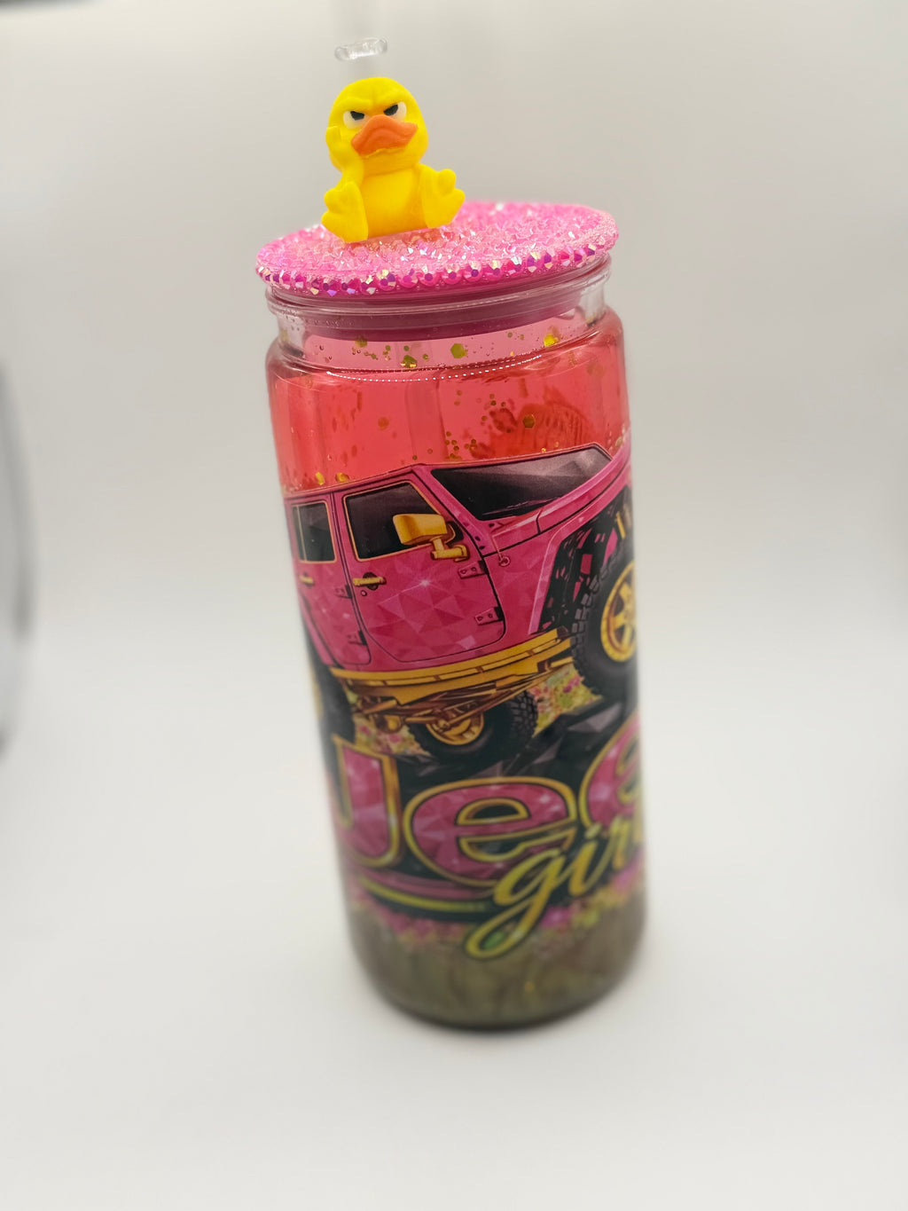 20 oz Jeep girl snow globe cup with Duck straw topper and rhinestone lid