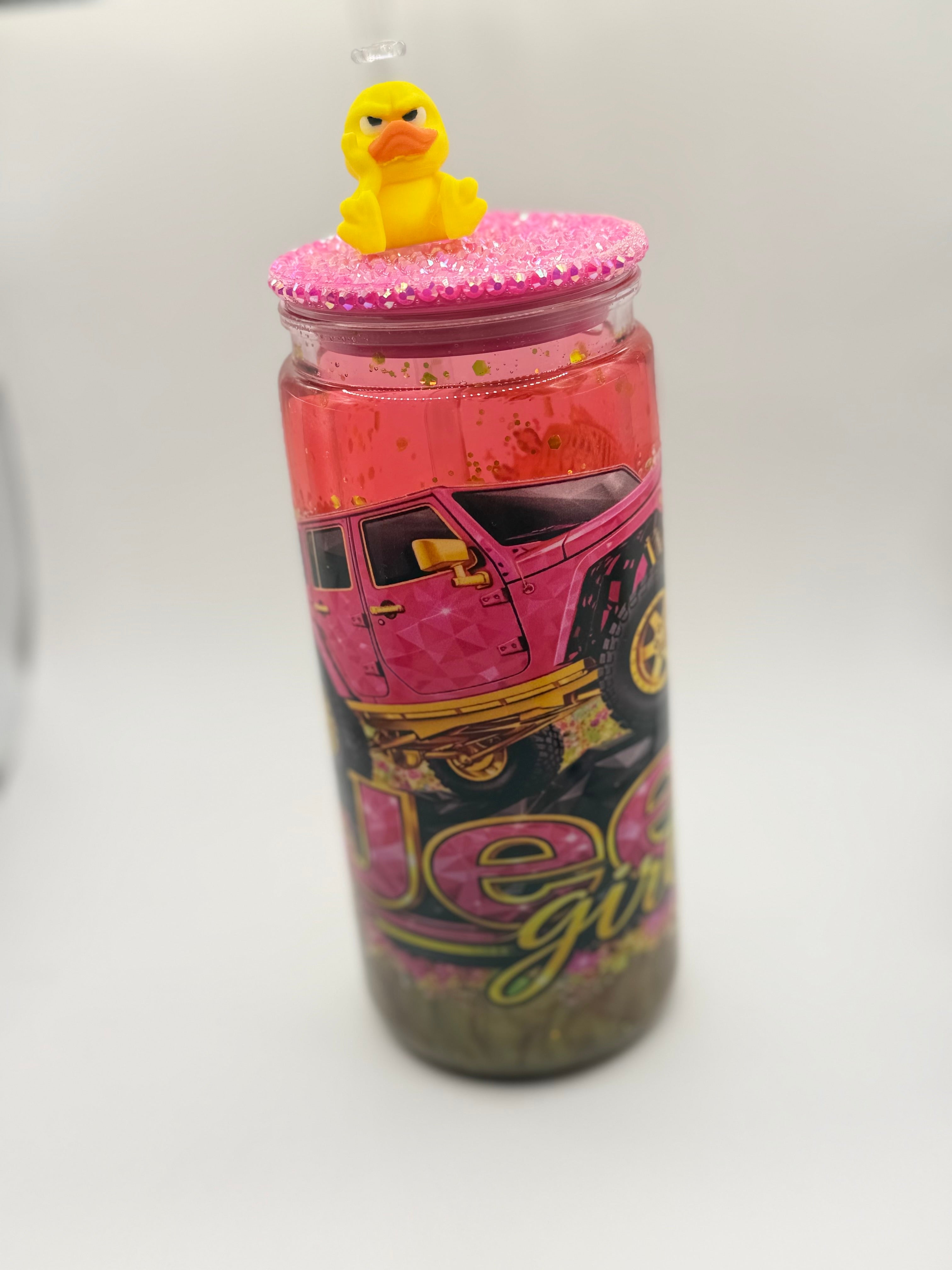 20 oz Jeep girl snow globe cup with Duck straw topper and rhinestone lid