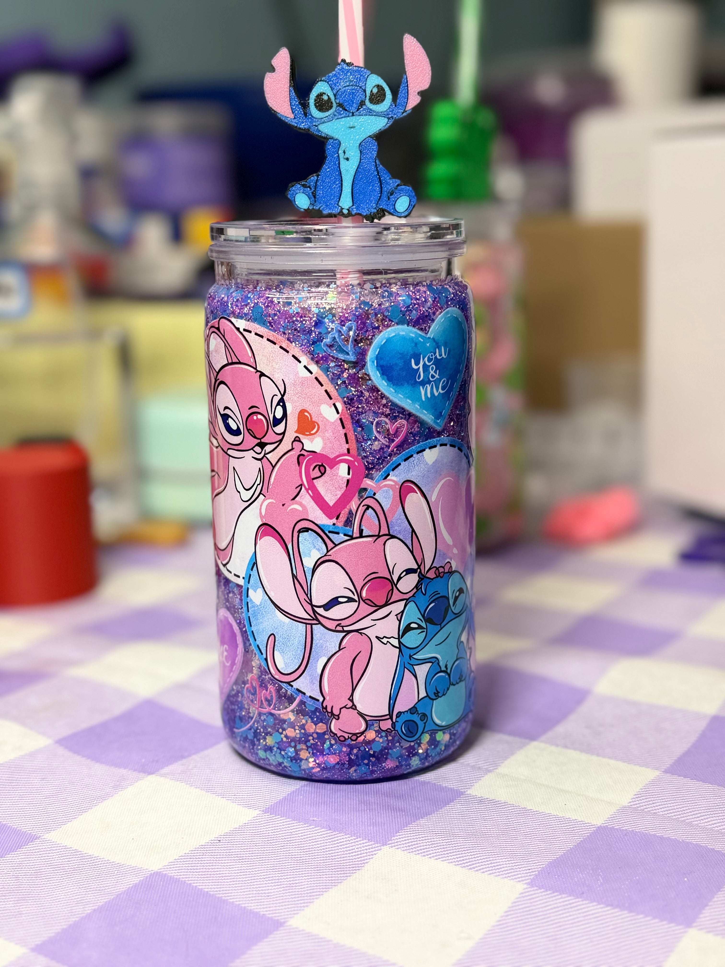 16 oz Sti-tch glitter snow globe cup with straw topper