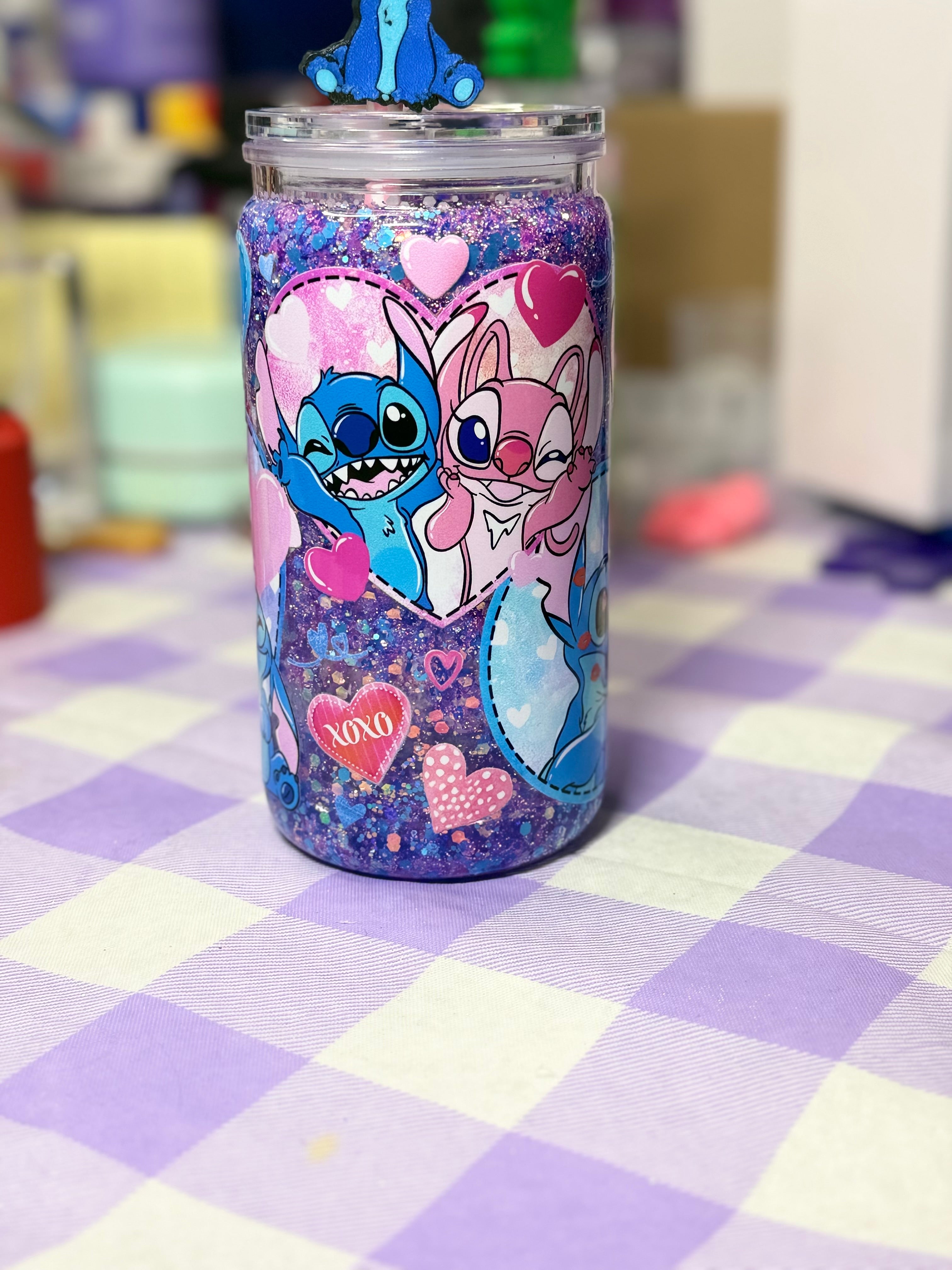 16 oz Sti-tch glitter snow globe cup with straw topper