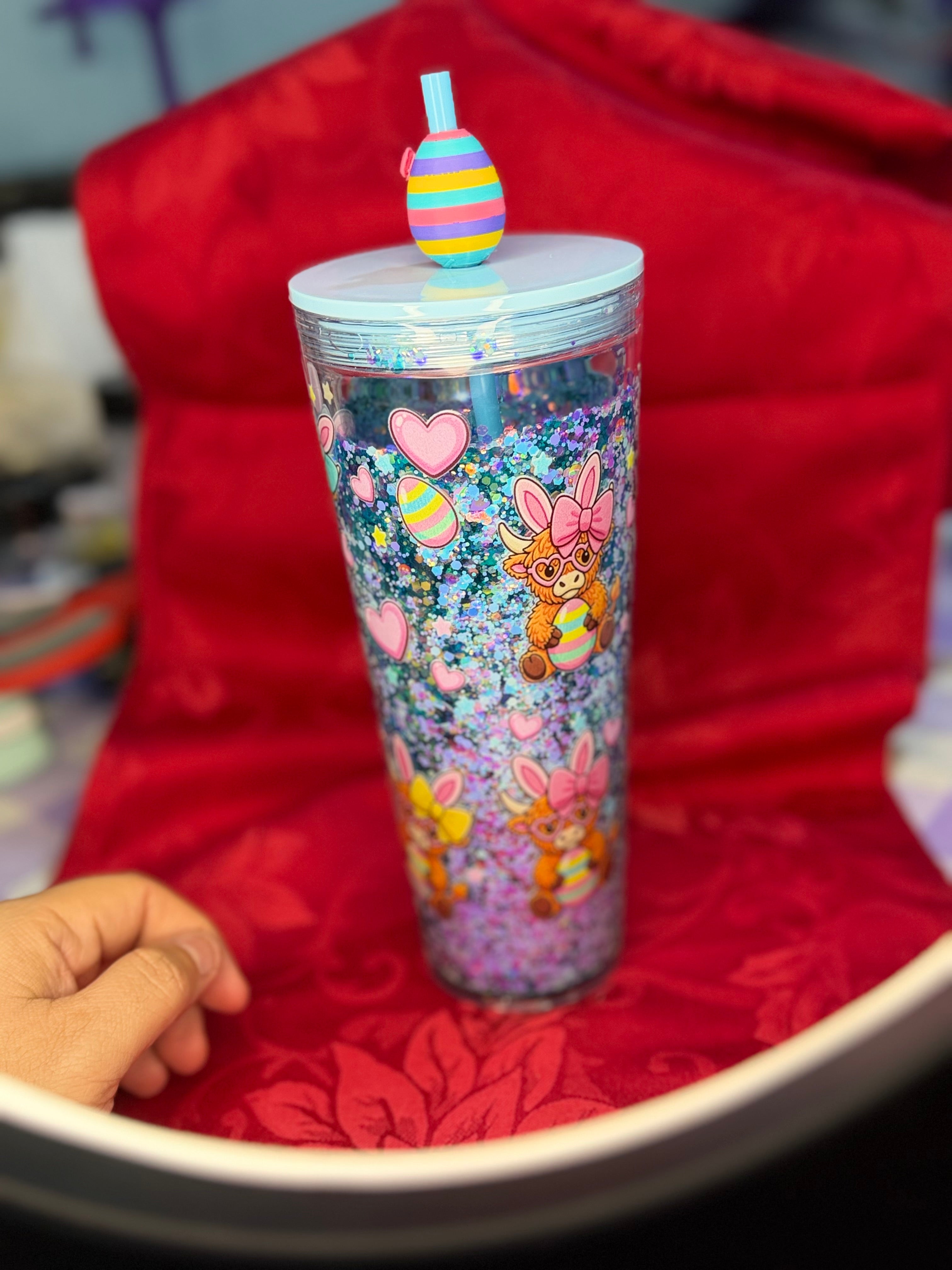 24 oz Easter Cows glitter tumbler with Easter Egg straw topper