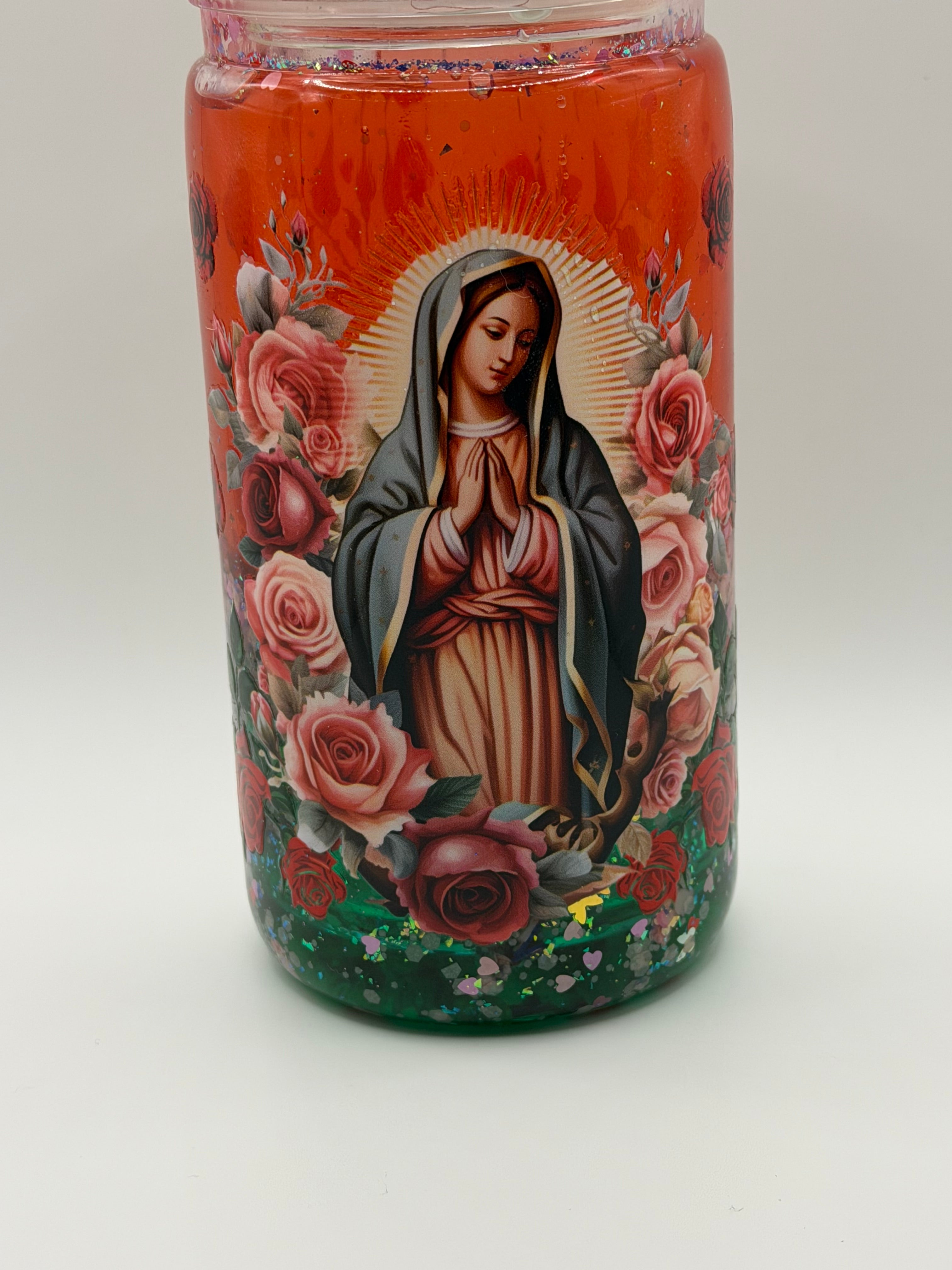 16 oz Virgin Mary snow globe cup with decorated lid