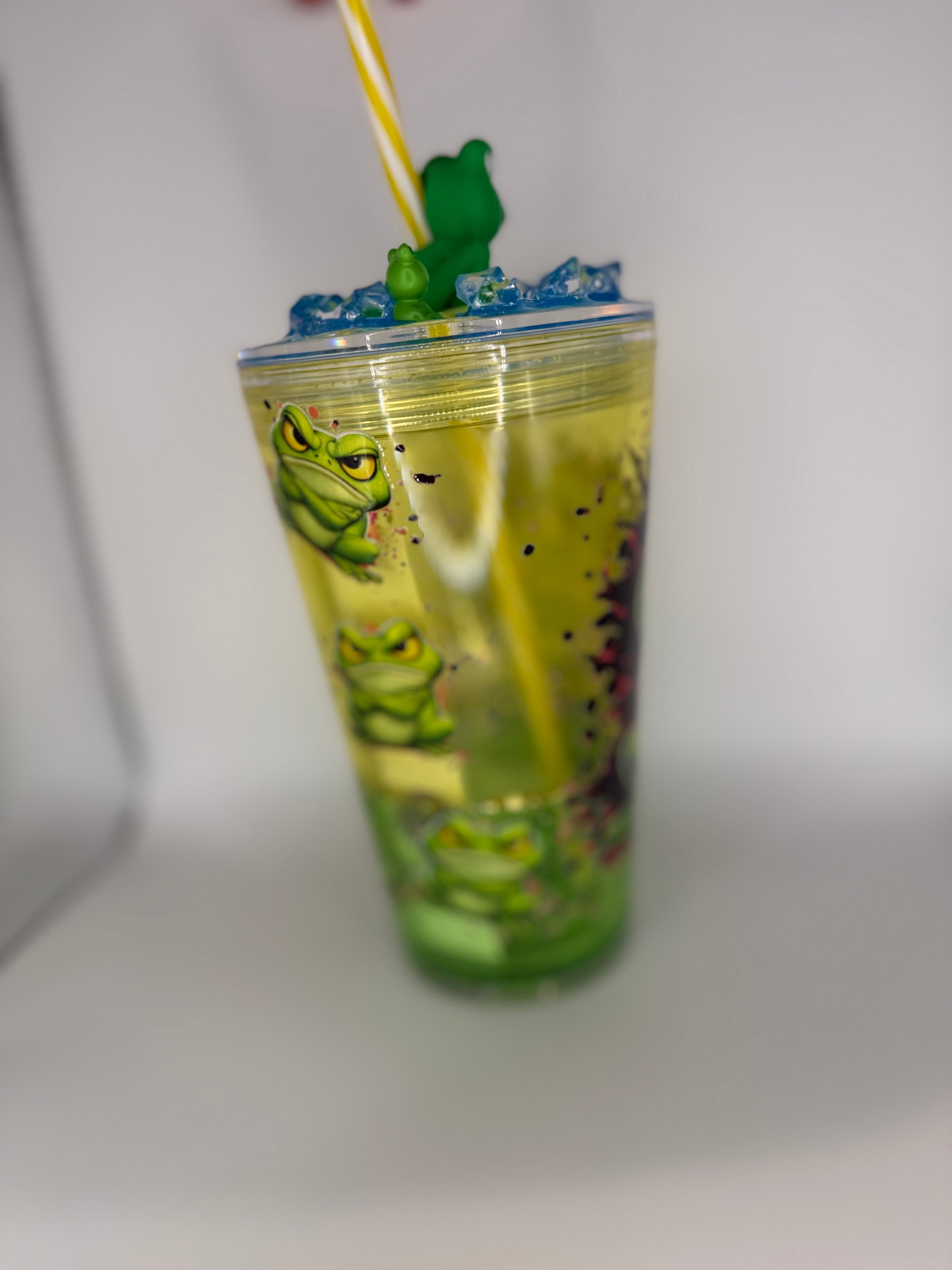 16 oz Grumpy Frog snow globe cup with decorated lid