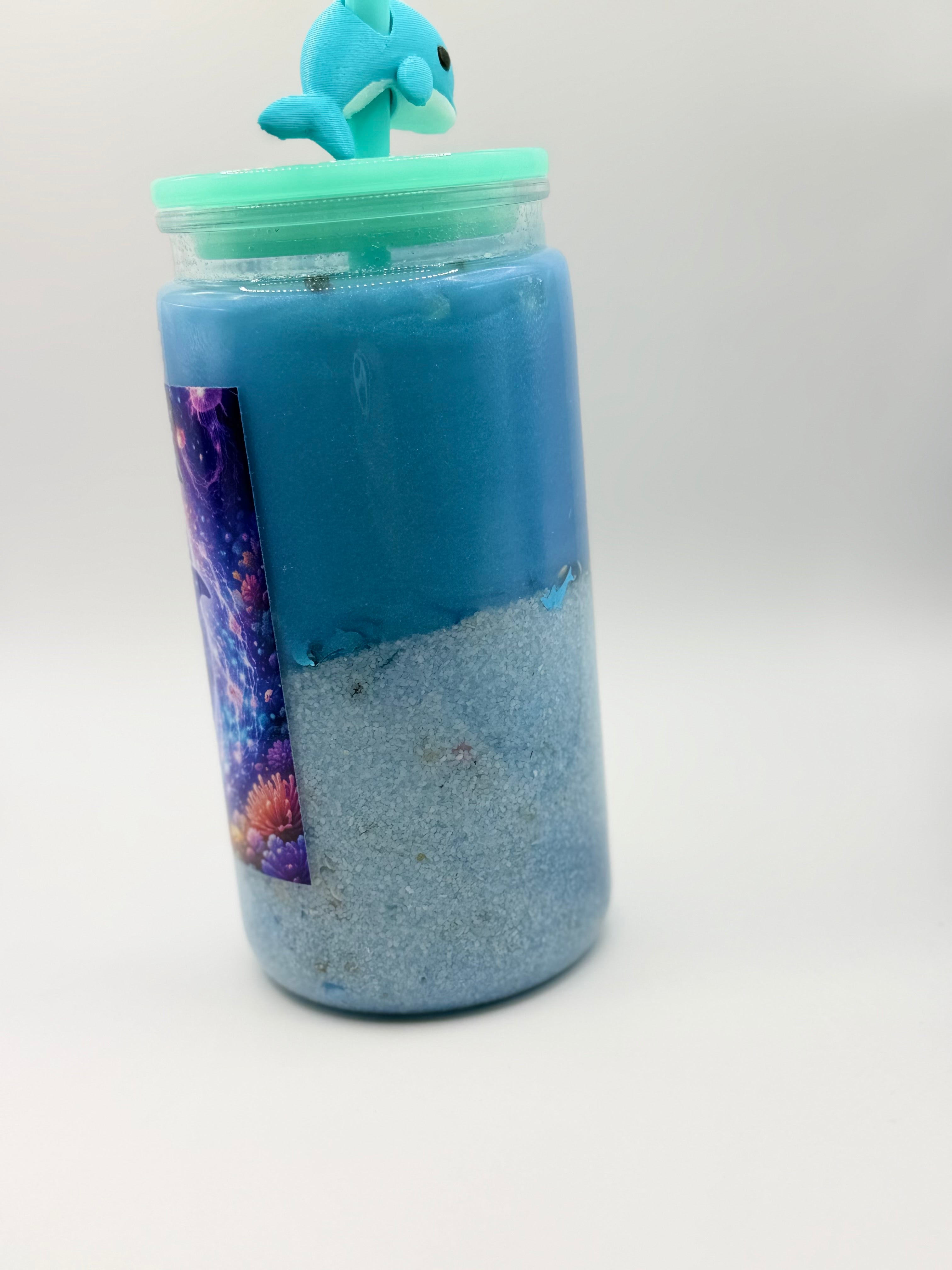 16 oz Dolphin Beach snow globe cup with Dolphin straw topper