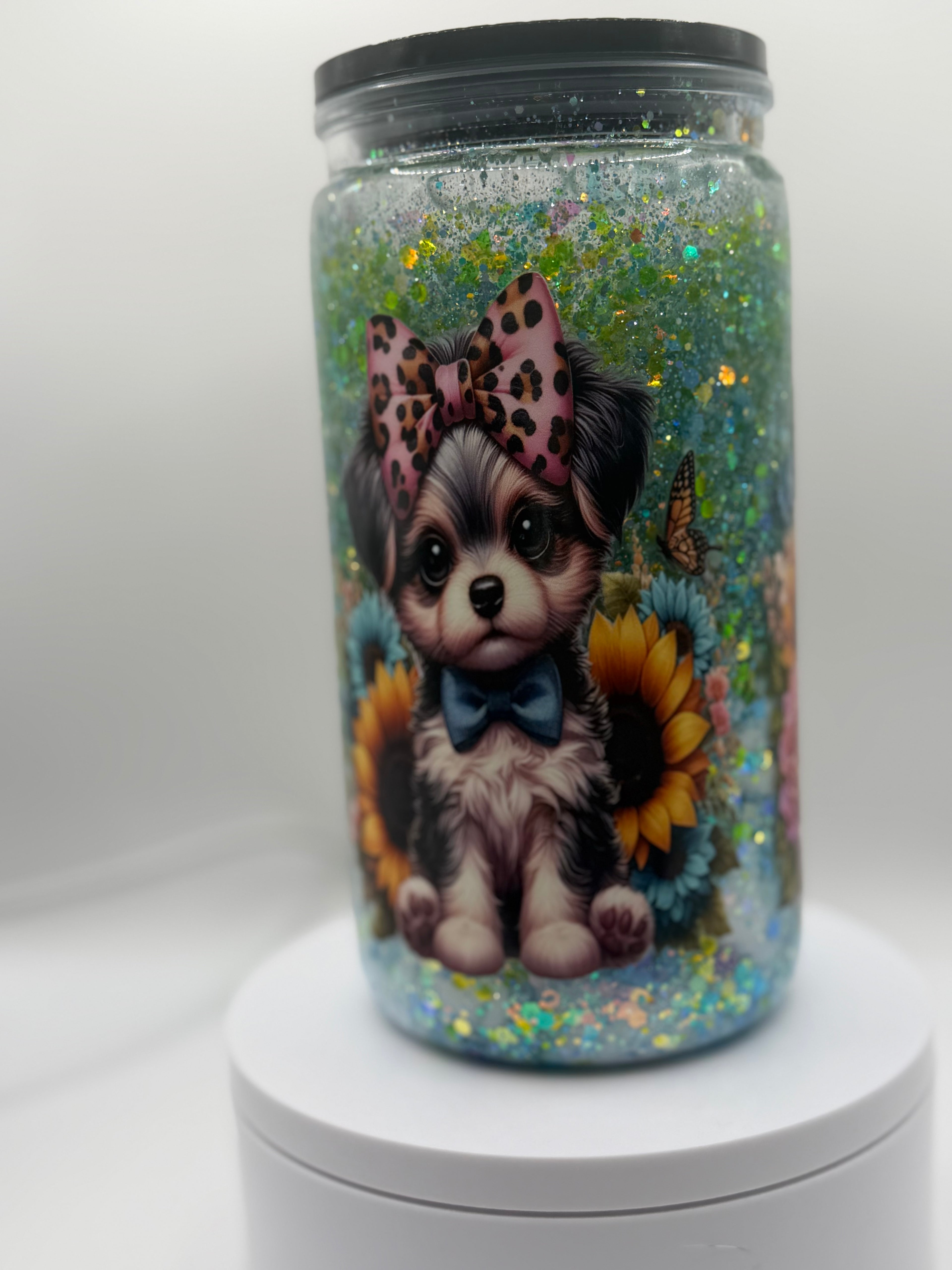 16 oz Dogs with Leopard bows snow globe cup