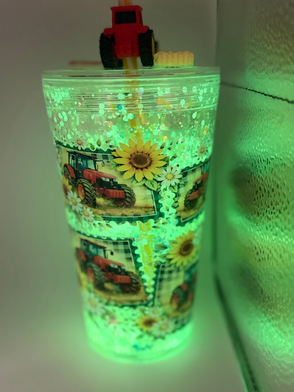 16 oz Tractor with Sunflowers snow globe cup with decorated lid and striped straw