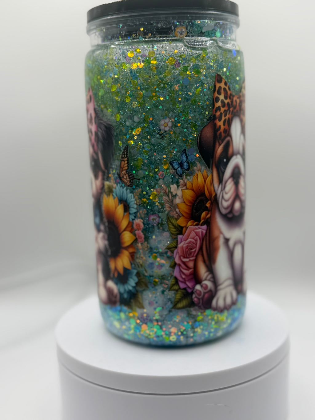 16 oz Dogs with Leopard bows snow globe cup