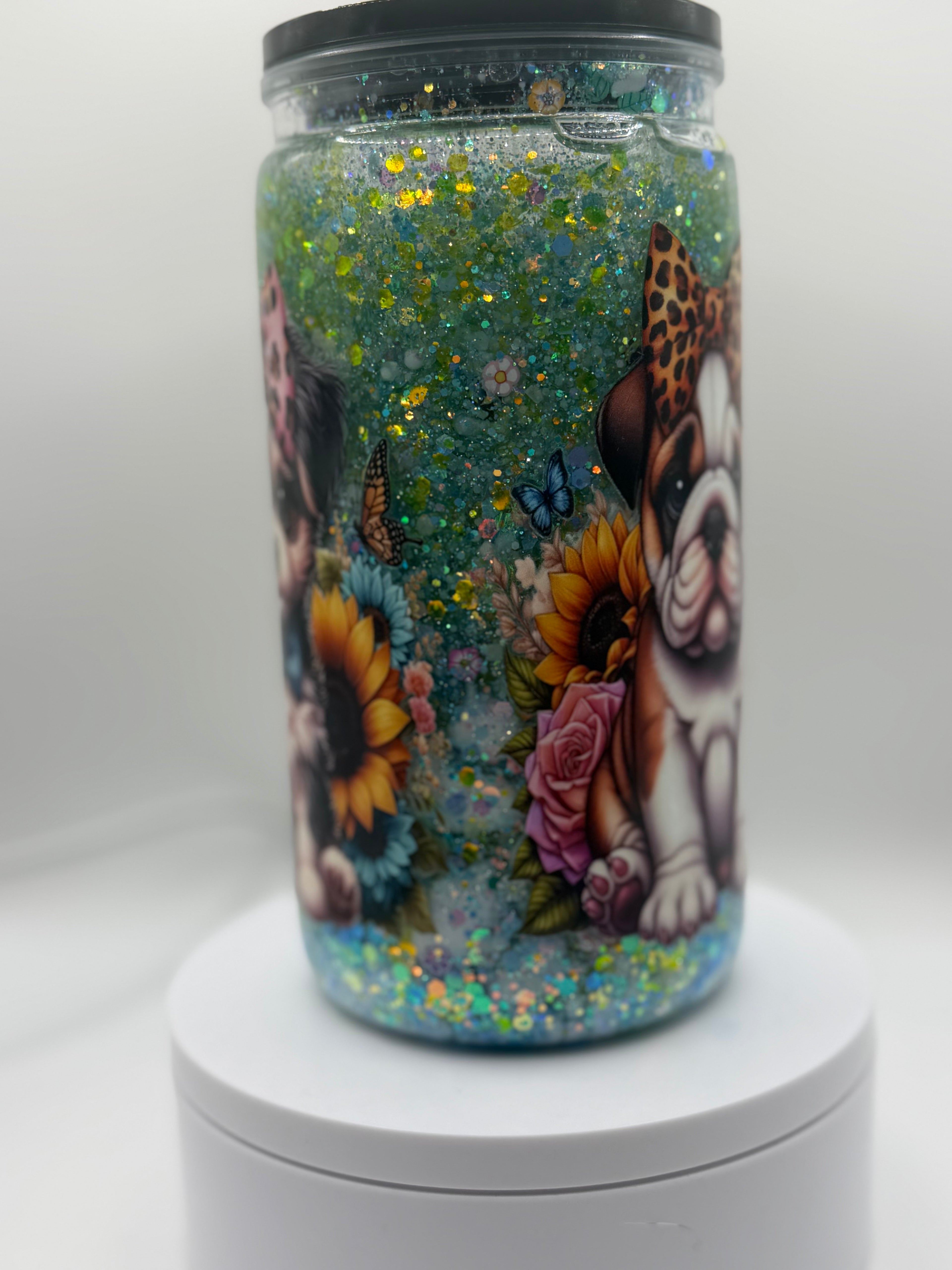 16 oz Dogs with Leopard bows snow globe cup