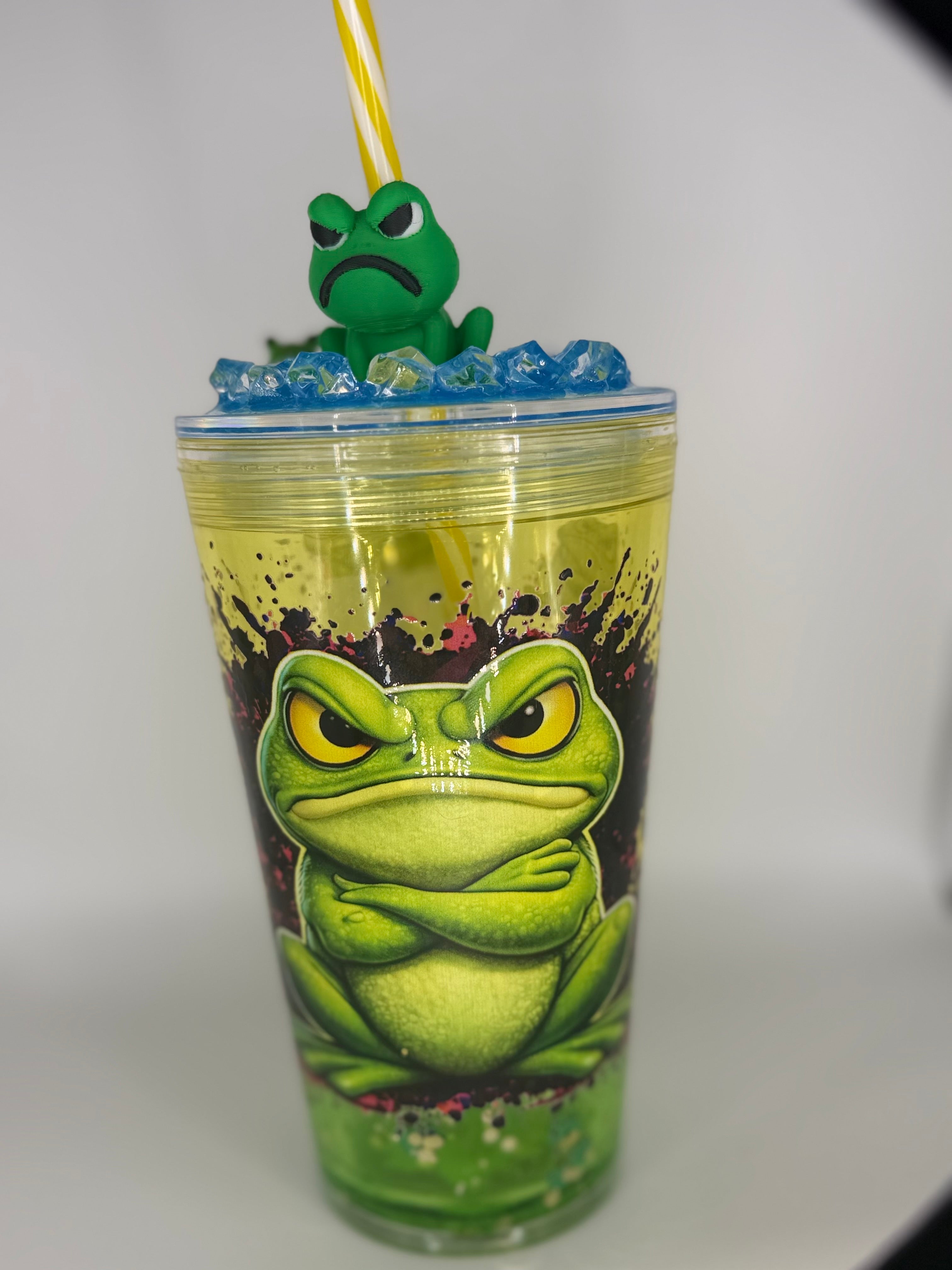 16 oz Grumpy Frog snow globe cup with decorated lid