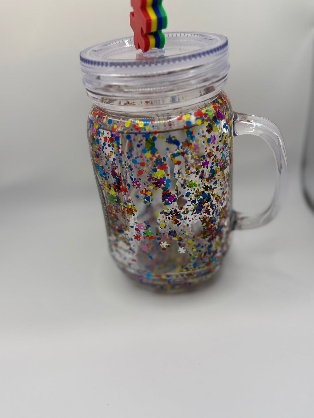 20 oz Autism Awareness Mason jar snow globe with puzzle piece straw topper