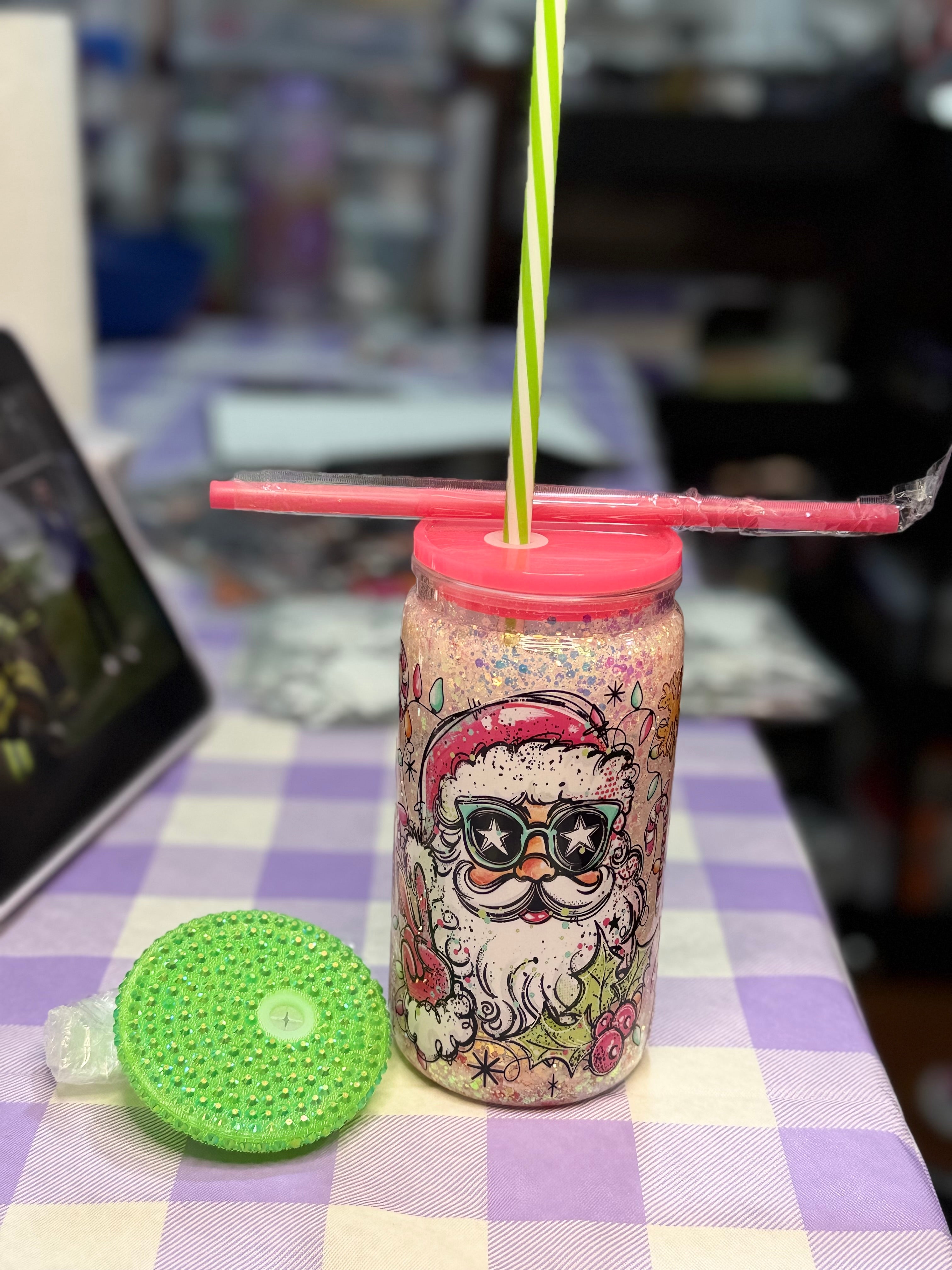 16 oz Santa with Santa straw topper, pink stripe straw and green rhinestone lid